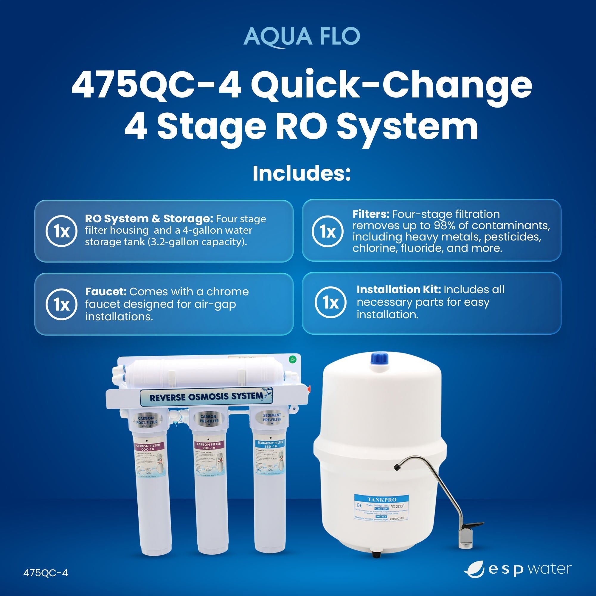 Aqua Flo 475QC - 4 4 - Stage 75 GPD Quick Change RO System 20010023 - ESP Water