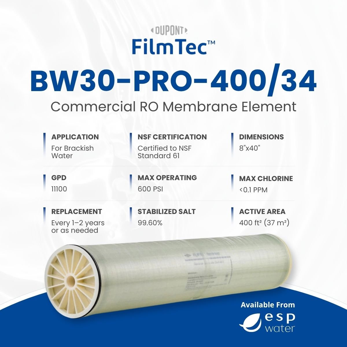 FilmTec BW30 PRO - 400/34 Membrane, Brackish, 11100 GPD, 600 PSI, 8"x40" BW30-PRO-400/34 - ESP Water