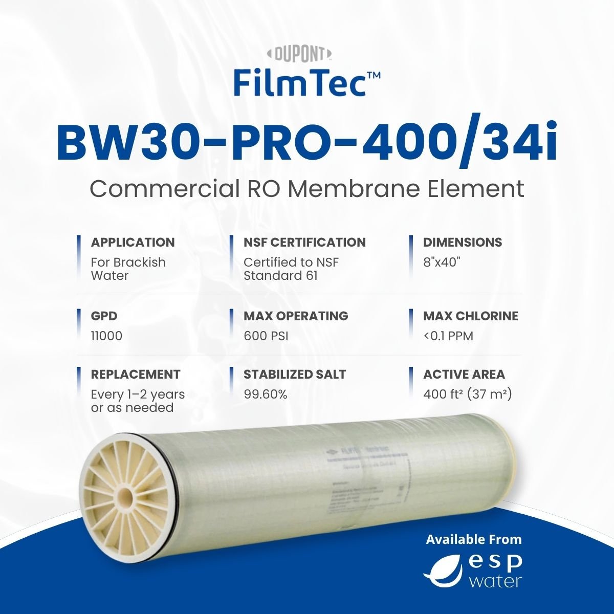 FilmTec BW30 PRO - 400/34i RO Membrane Brackish 11000 GPD 8"x40" BW30-PRO-400/34i - ESP Water