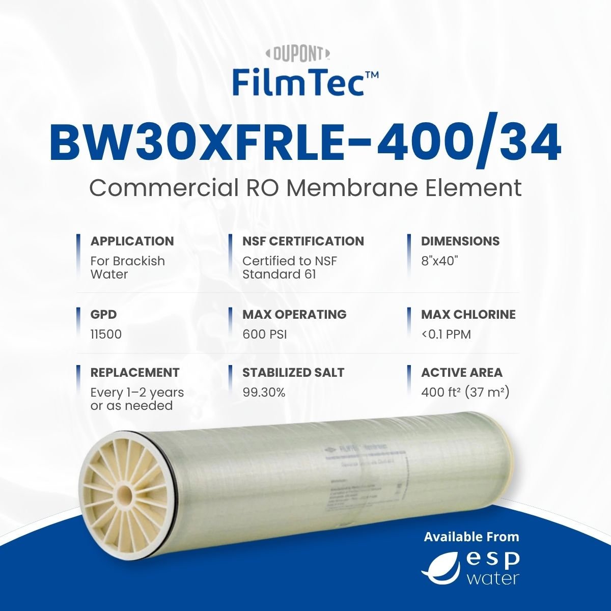 FilmTec BW30XFRLE - 400/34 RO Membrane Low Energy Brackish 11500 GPD 8"x40" BW30XFRLE-400/34 - ESP Water