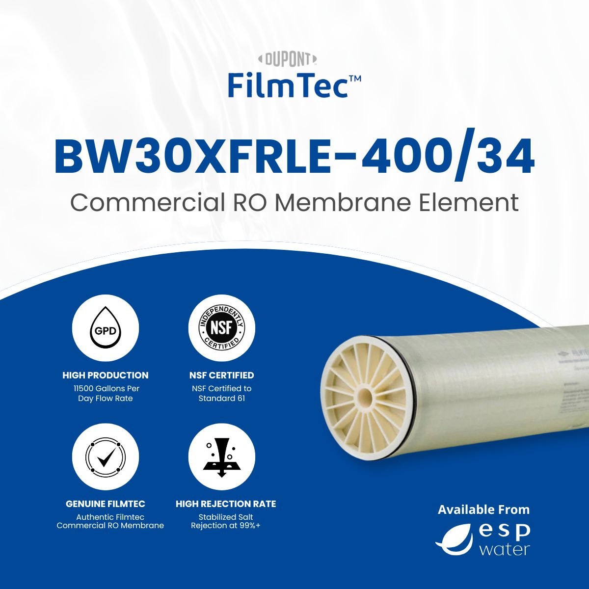 FilmTec BW30XFRLE - 400/34 RO Membrane Low Energy Brackish 11500 GPD 8"x40" BW30XFRLE-400/34 - ESP Water
