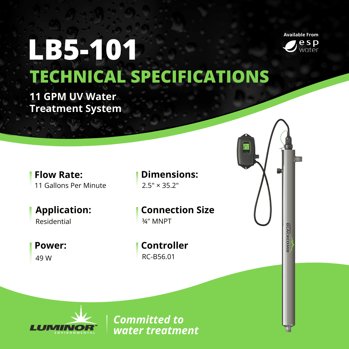 LUMINOR LB5-101 technical specifications for 11 GPM whole-home ultraviolet water treatment