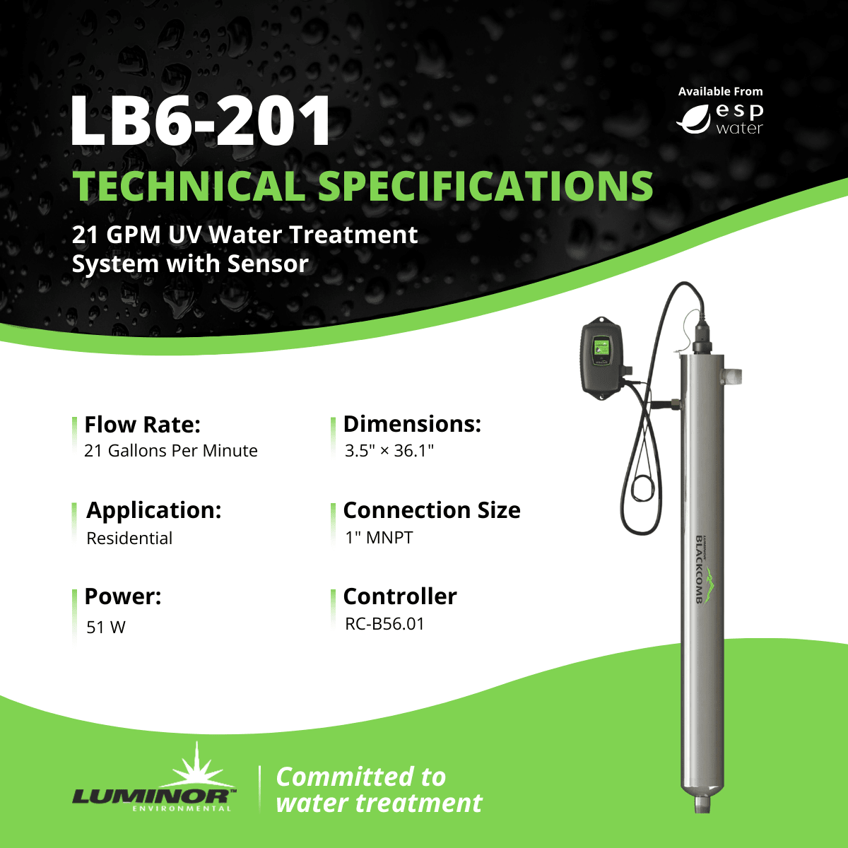 Luminor Blackcomb 6.1 LB6 - 201 UV System with Sensor21 GPM 1" MNPT LB6-201 - ESP Water