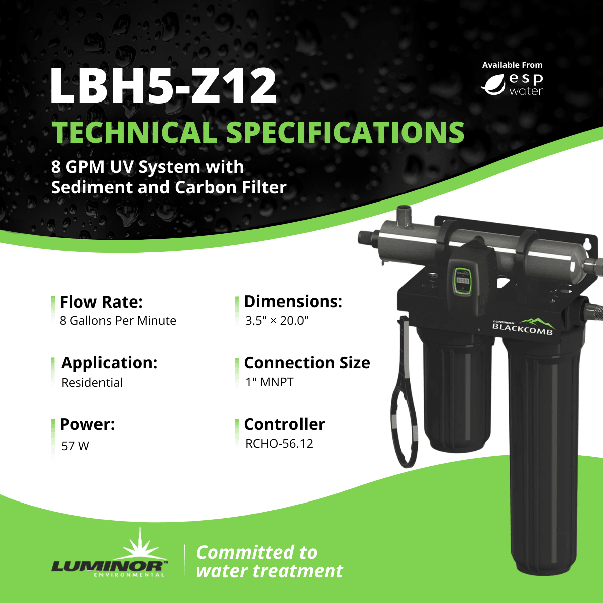 LUMINOR LBH5-Z12 8 GPM UV water treatment system technical specifications