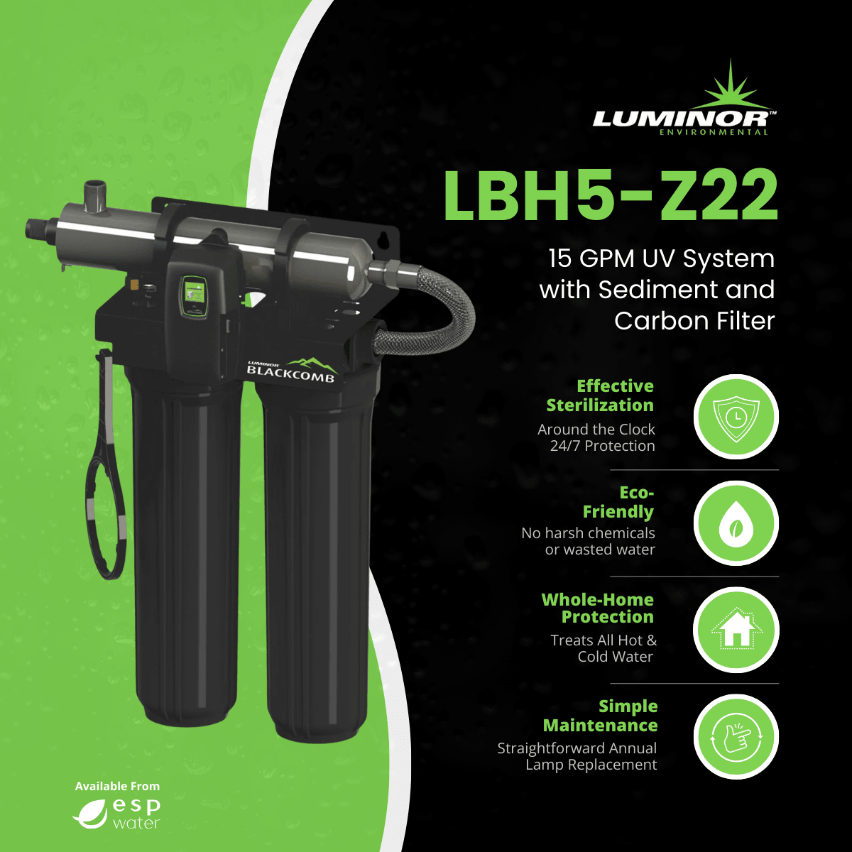 LUMINOR LBH5-Z22 UV system benefits with integrated sediment and carbon prefiltration