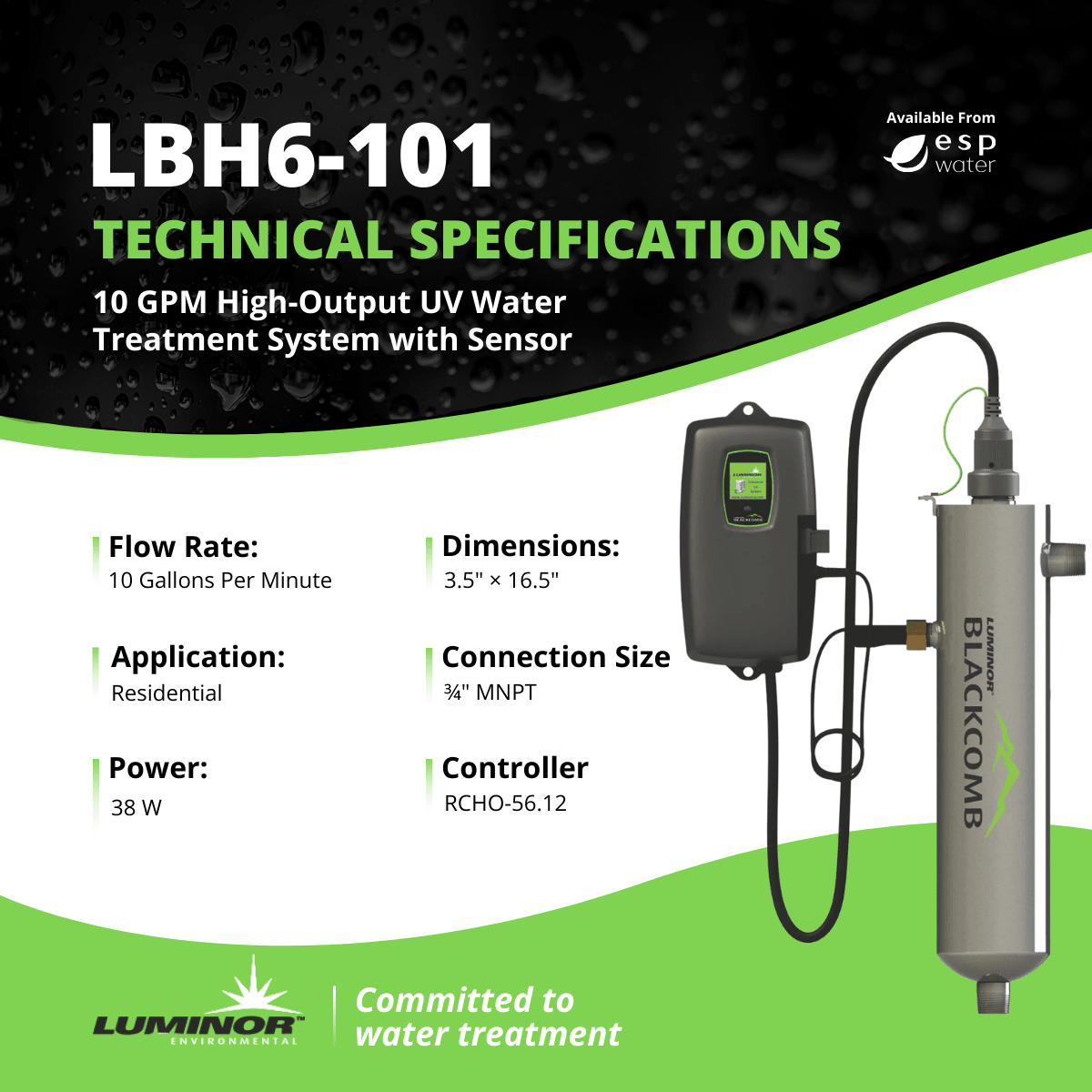Luminor Blackcomb - HO 6.1 LBH6 - 101 UV System with Sensor 10 GPM 3/4" MNPT LBH6-101 - ESP Water