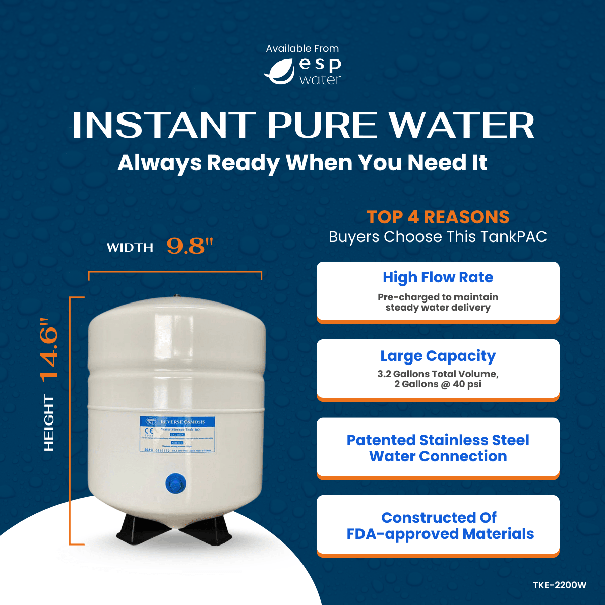 PAE TKE-2200W 3.2-gallon reverse osmosis storage tank specifications