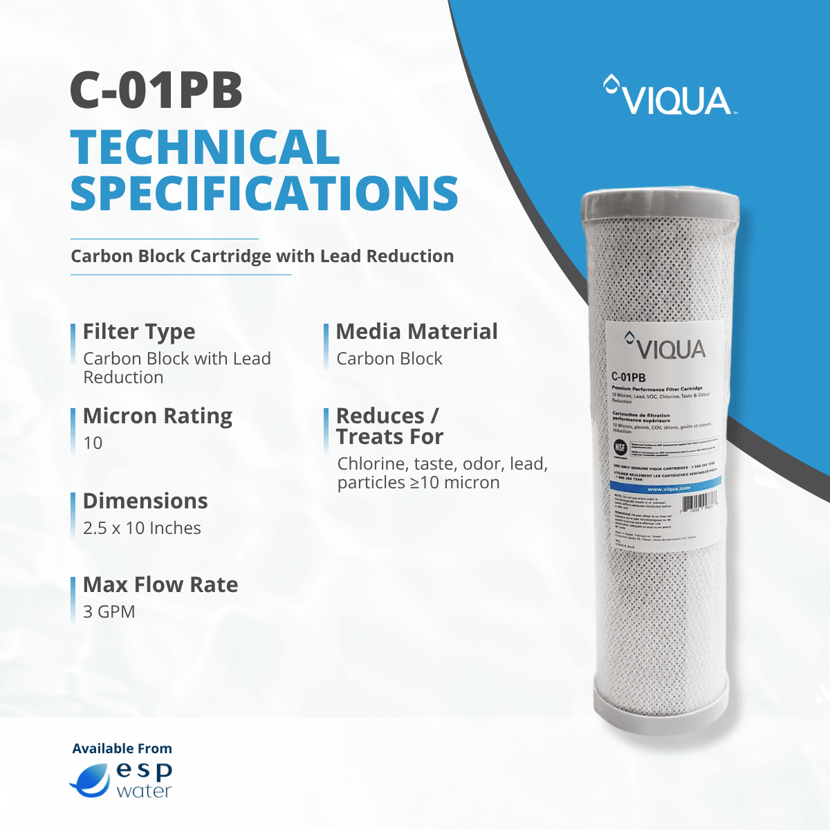 VIQUA C-01PB specifications for a 10-micron carbon block replacement filter for standard 10-inch housings