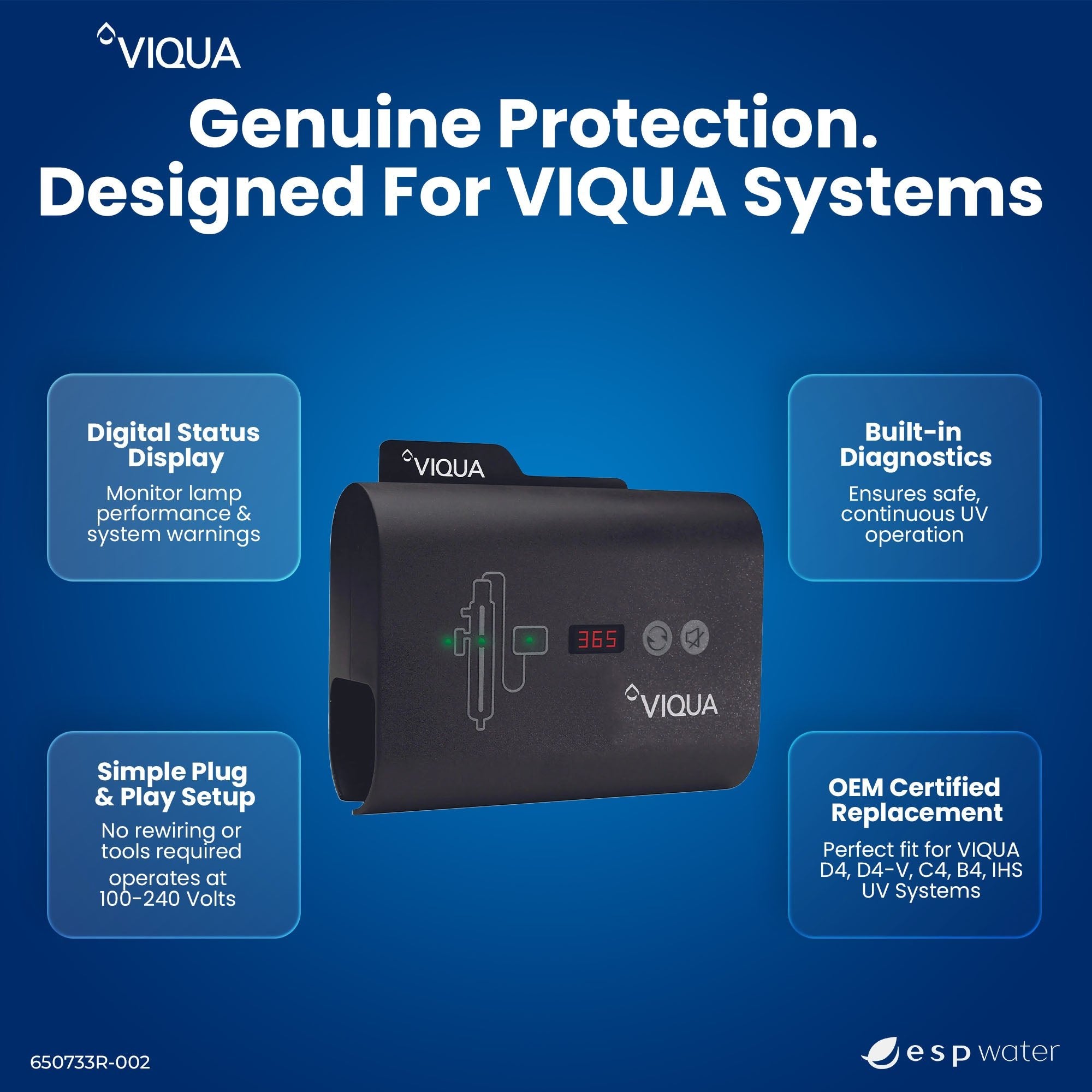 VIQUA 650733R-002 controller features with lamp monitoring, solenoid support and replacement reminders