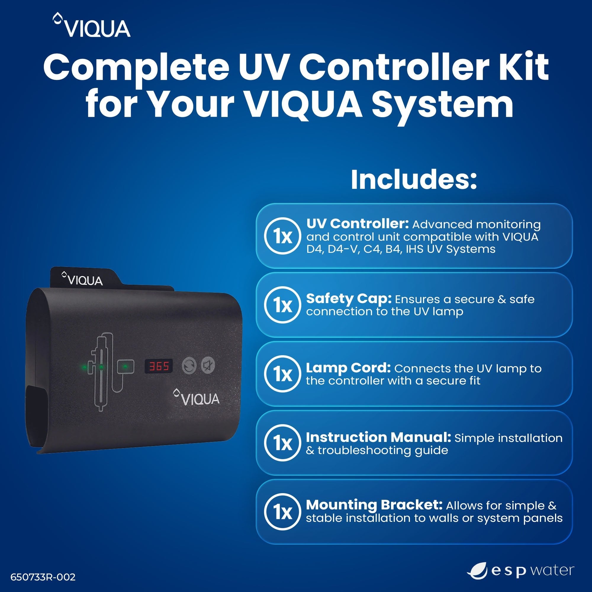 VIQUA 650733R-002 UV controller replacement kit contents for compatible UVMAX systems