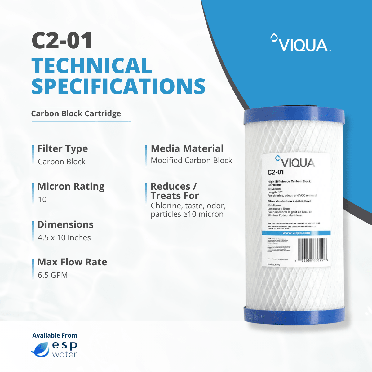 VIQUA C2-01 specifications for a 10-micron 4.5 x 10 inch carbon block filter