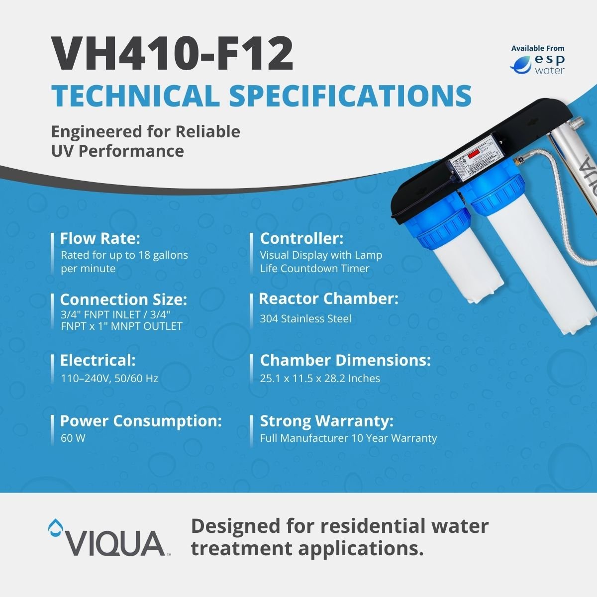 VIQUA VH410 - F12 UV System with Sediment and Carbon Filter 18 GPM 1" MNPT VH410-F12 - ESP Water