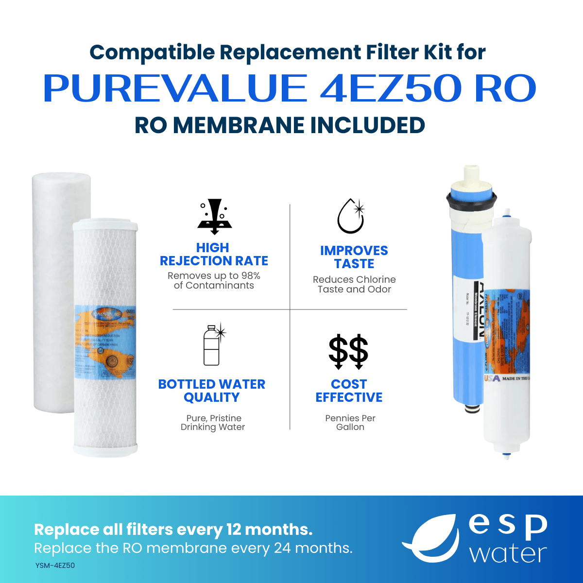 PureValue 4EZ50 compatible RO filter kit benefits with sediment, carbon and 50 GPD membrane filtration