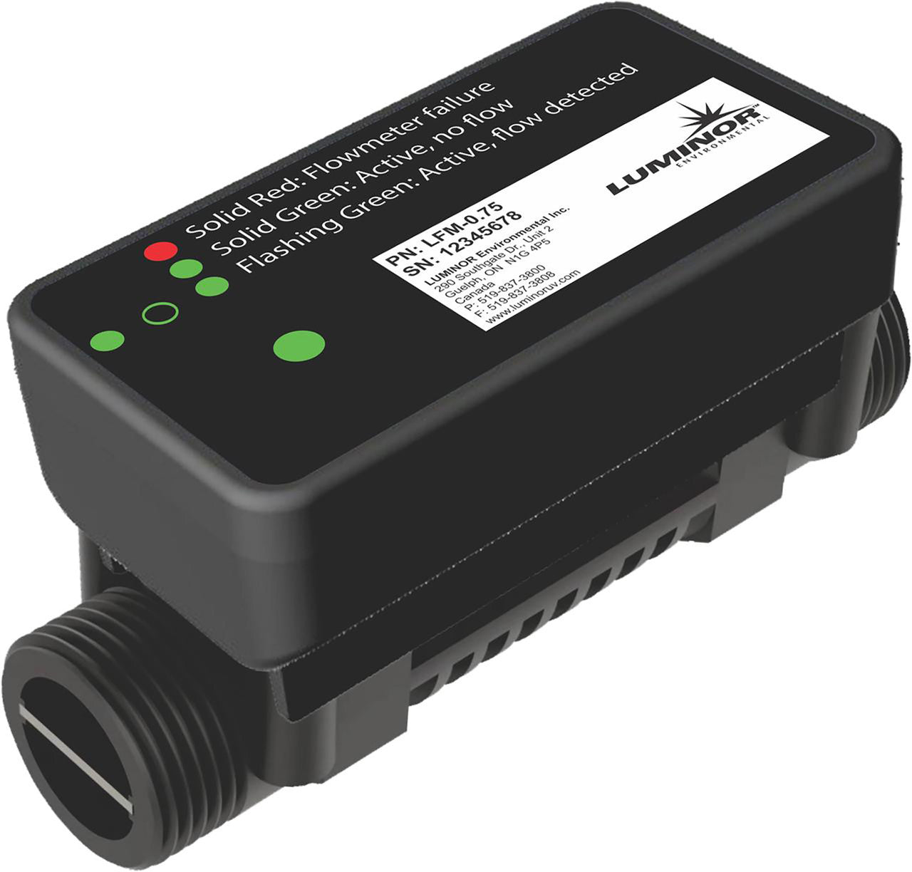 LUMINOR LFM-1.0 ultrasonic flow meter with 1-inch male threaded connections for compatible UV systems