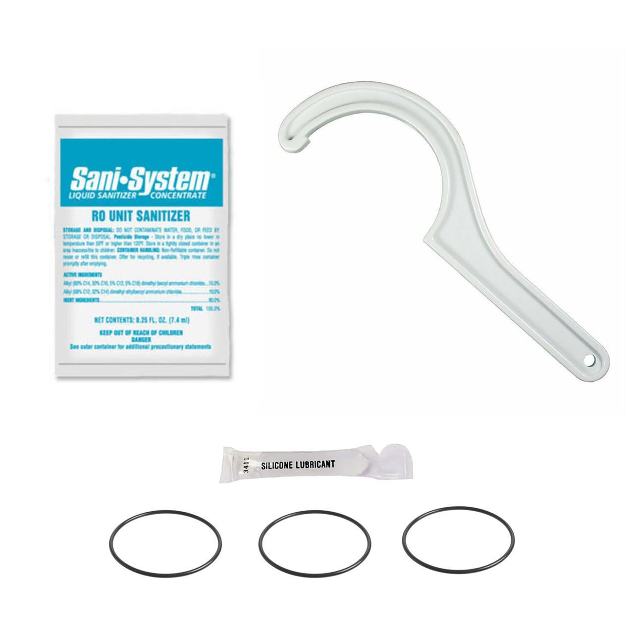Reverse osmosis maintenance kit with filter wrench, sanitizer packet, O-rings and silicone lubricant