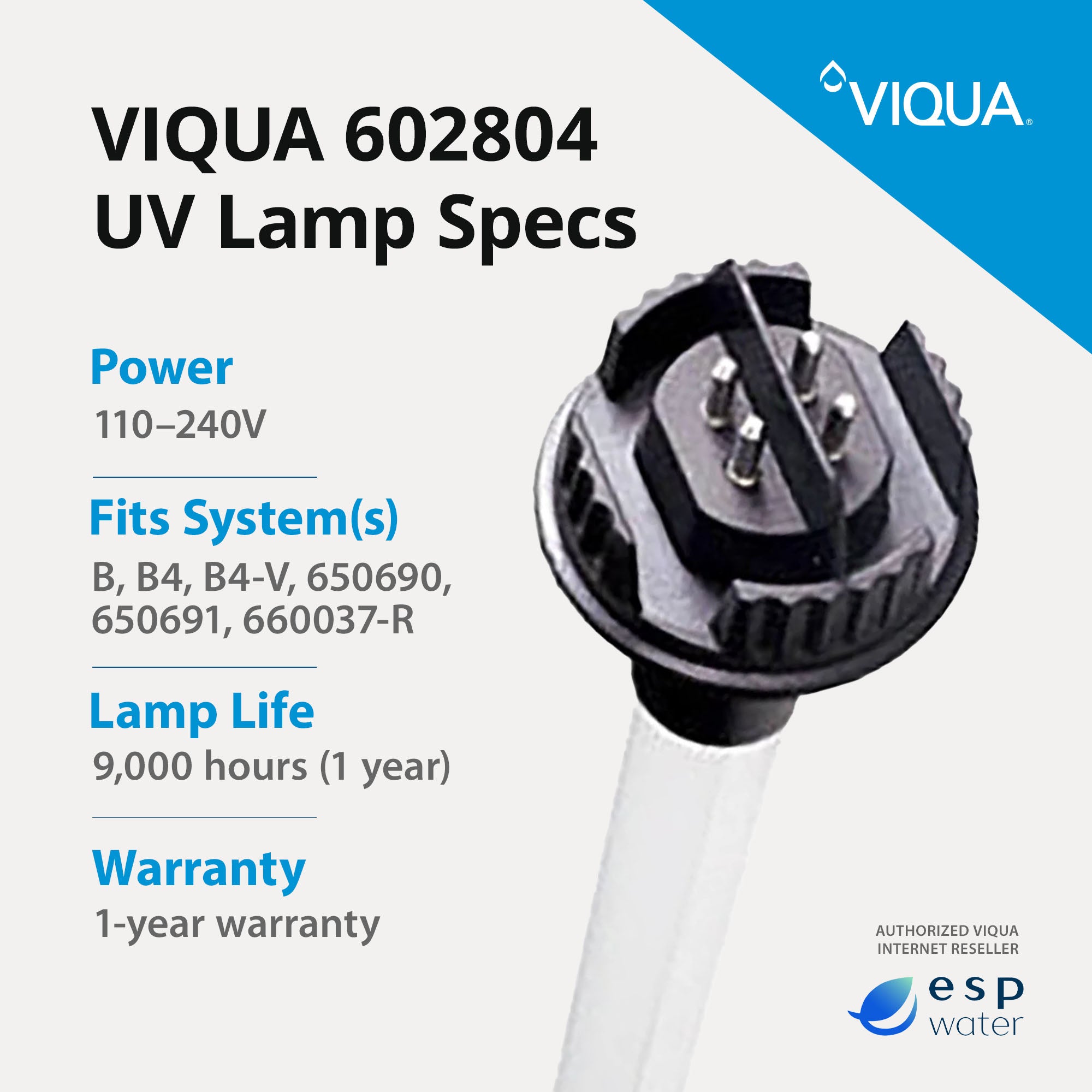 VIQUA 602806 UV-C replacement lamp specifications with 50-watt output and 12-month replacement guidance