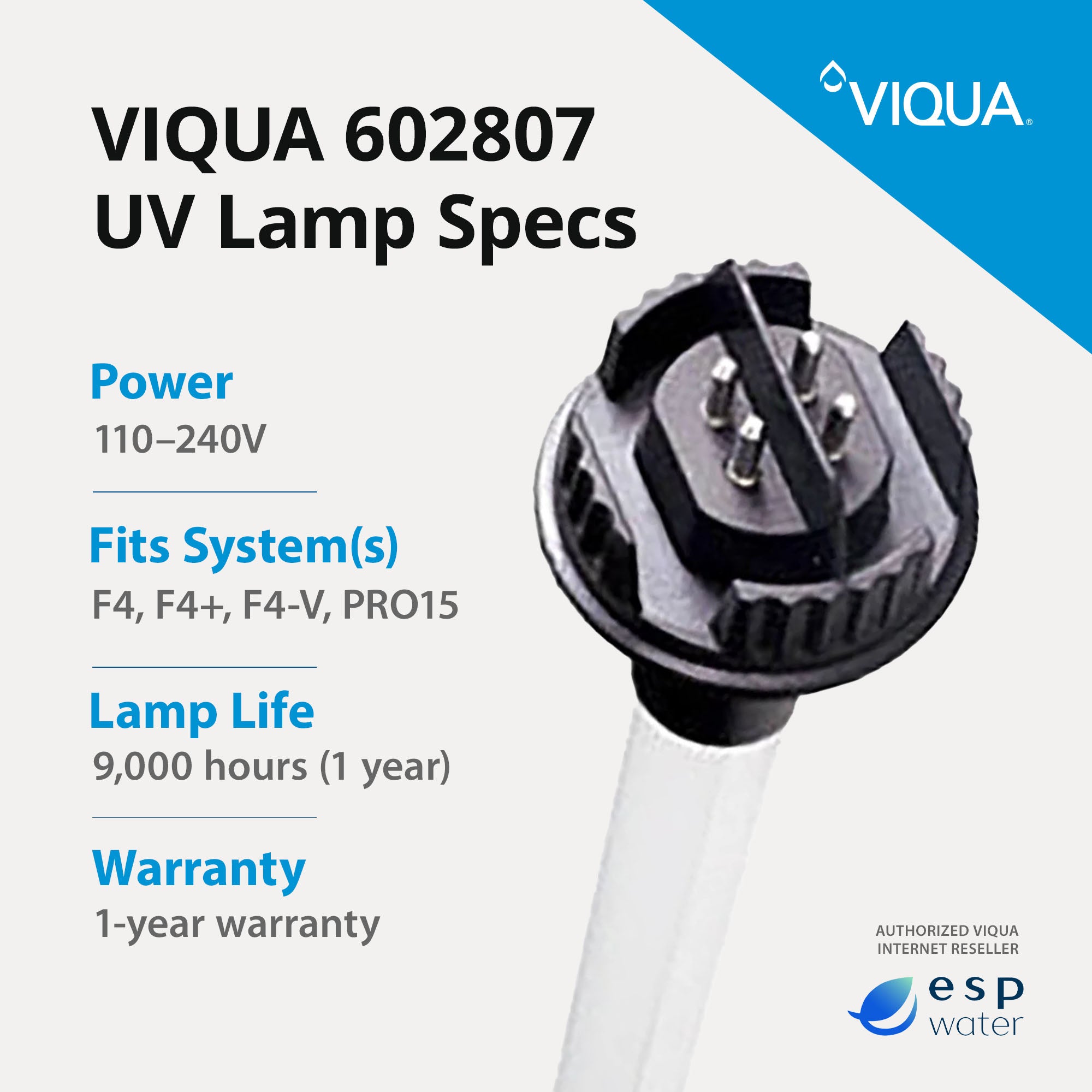 VIQUA 602807 UV Lamp for F4, F4+, F4-V, PRO15 UV Systems - ESP Water 