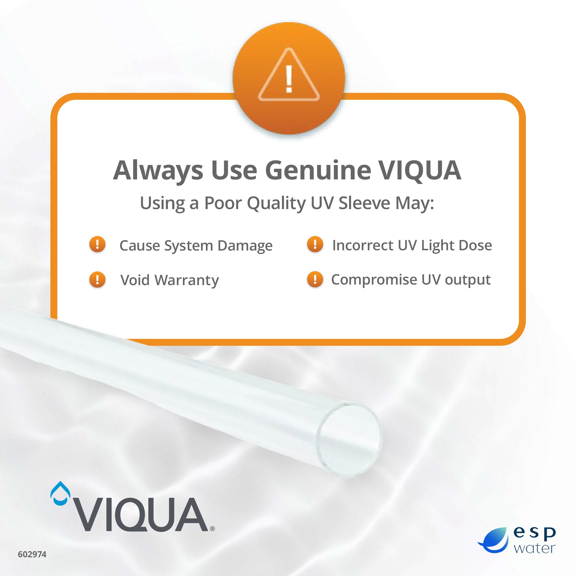 VIQUA 602974 UV Quartz Sleeve for PRO10, G, G+ UV Systems - ESP Water 