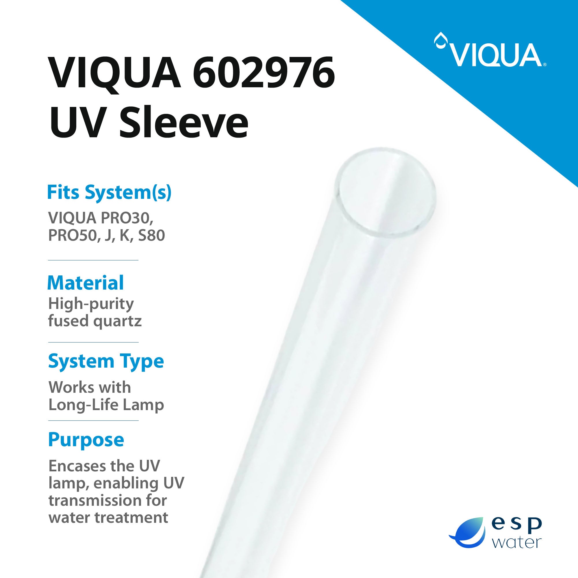 VIQUA 602976 UV Quartz Sleeve for PRO30, PRO50, J, K, S80 - ESP Water 