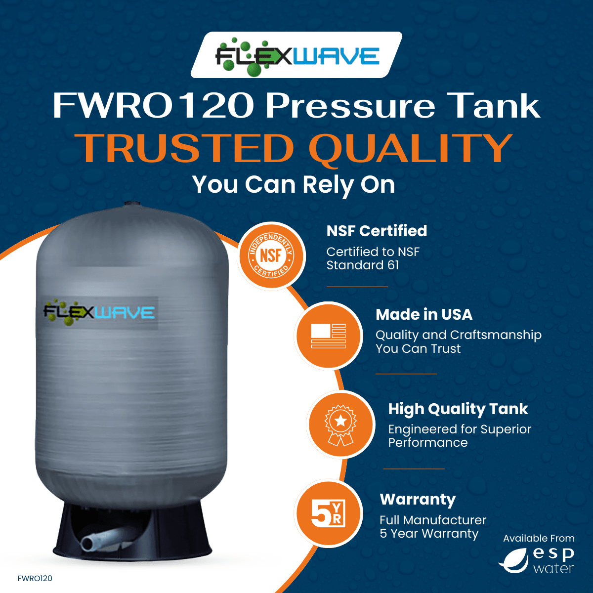 Flexwave Composite FWRO120 RO Pressure Tank 120 Gal 1 - 1/4" NPT FWRO120 - ESP Water