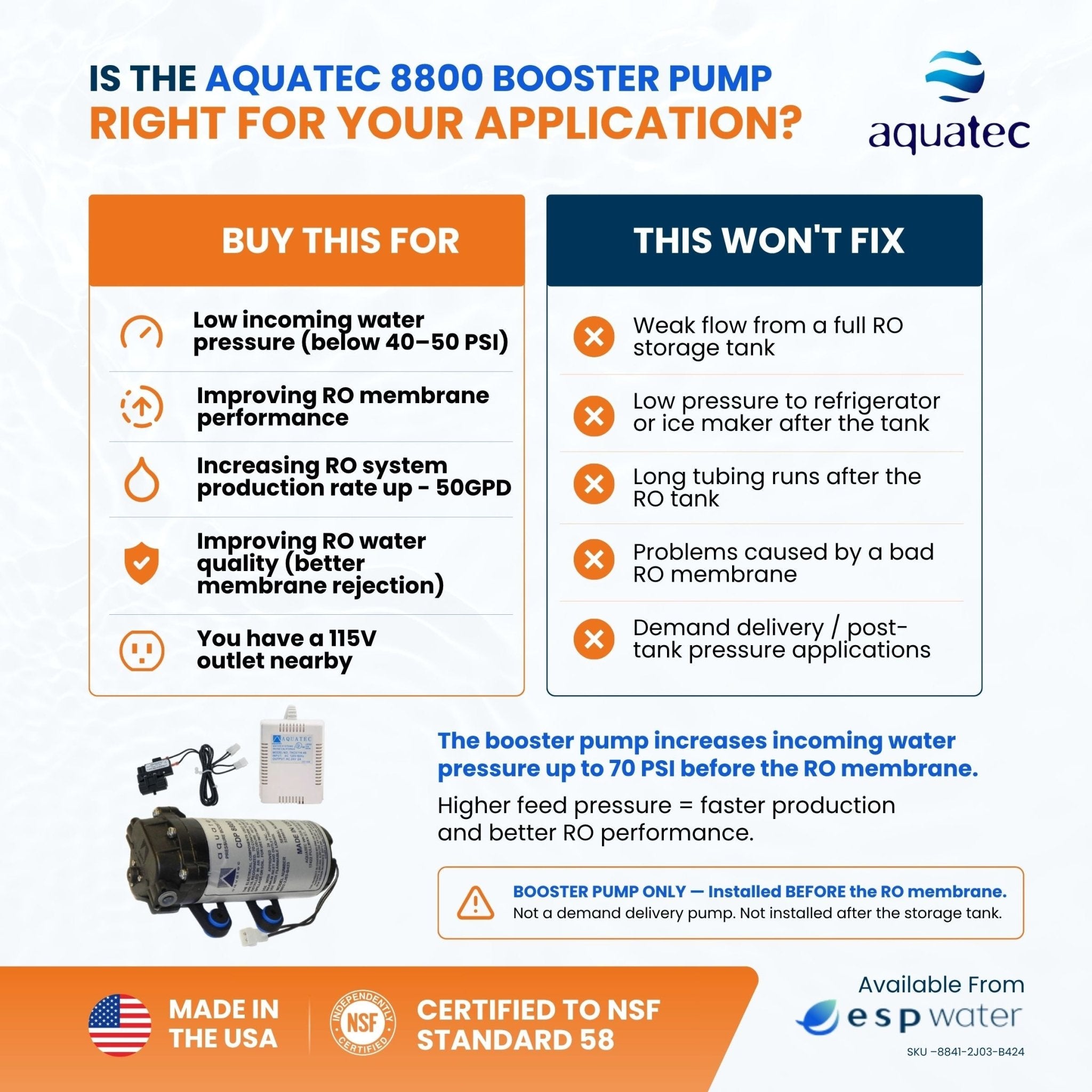 Aquatec 8800 Booster Pump Kit with Pressure Switch and Transformer, 1/4-Inch Fittings 50-100 GPD 8841-2J03-B424-B - ESP Water