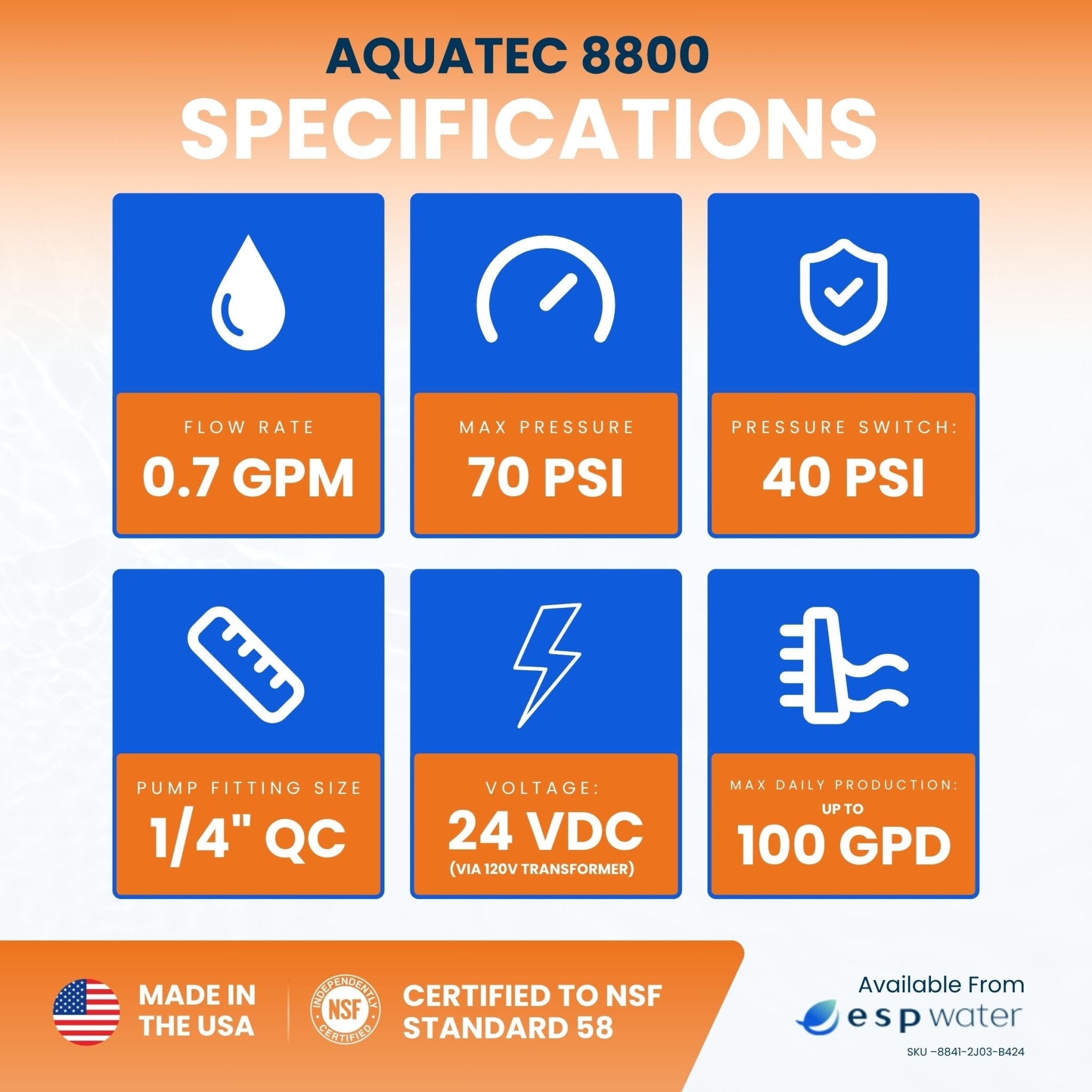 Aquatec 8800 Booster Pump Kit with Pressure Switch and Transformer, 1/4-Inch Fittings 50-100 GPD 8841-2J03-B424-B - ESP Water