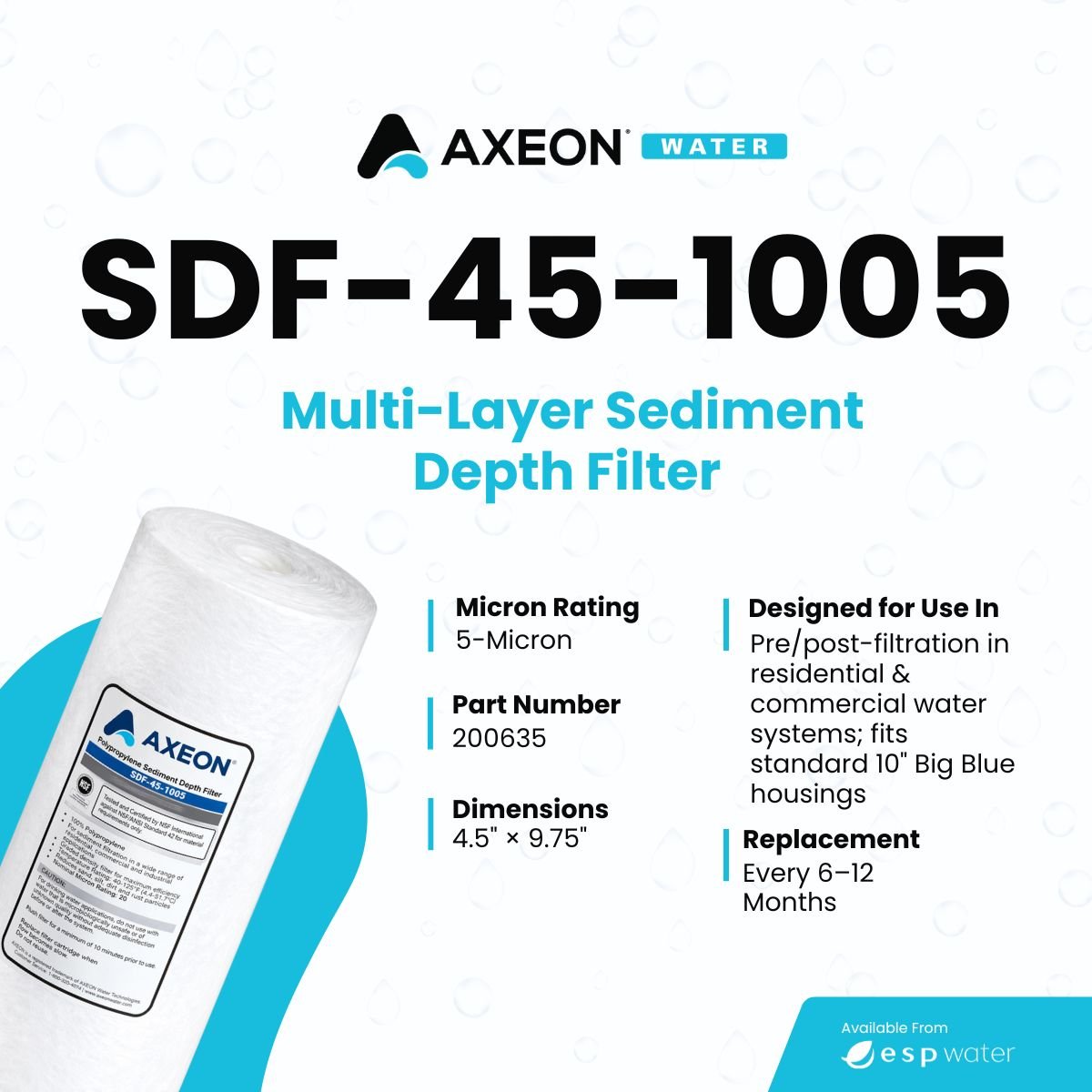 AXEON SDF - 45 - 1005 Sediment Filter 5 Micron 4.5" x 10" 200635 200635 - ESP Water