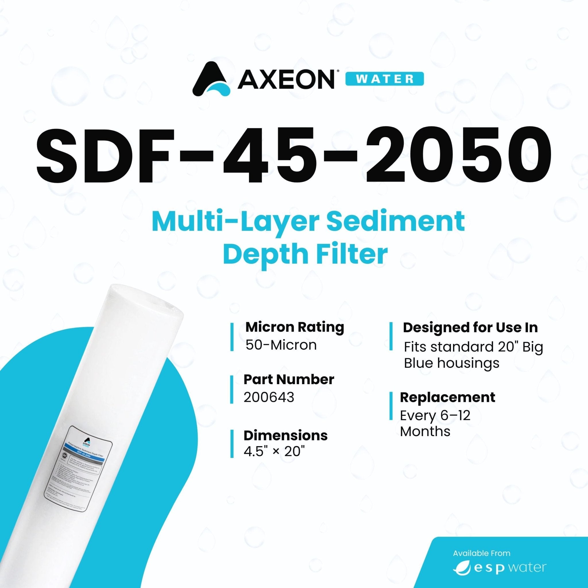 AXEON SDF - 45 - 2050 Sediment Filter 4.5" x 20" 50 Mic 200643 200643 - ESP Water