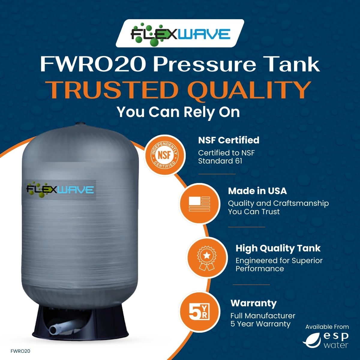 Flexwave Composite FWRO20 RO Pressure Tank 22 Gal 1" NPT FWRO20 - ESP Water