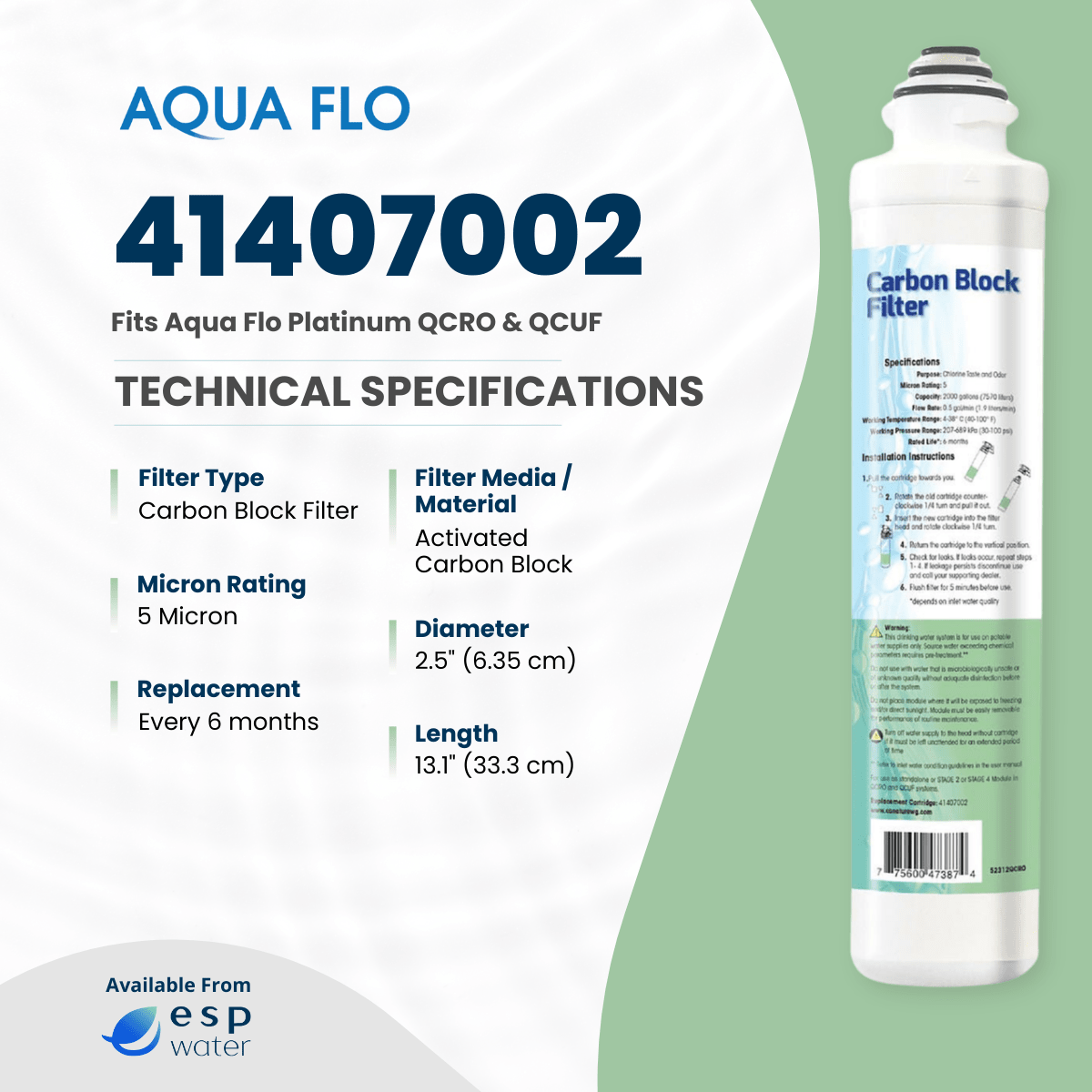 Aqua Flo 41407002 Carbon Block Quick Change Filter 5 Micron 41407002 - ESP Water