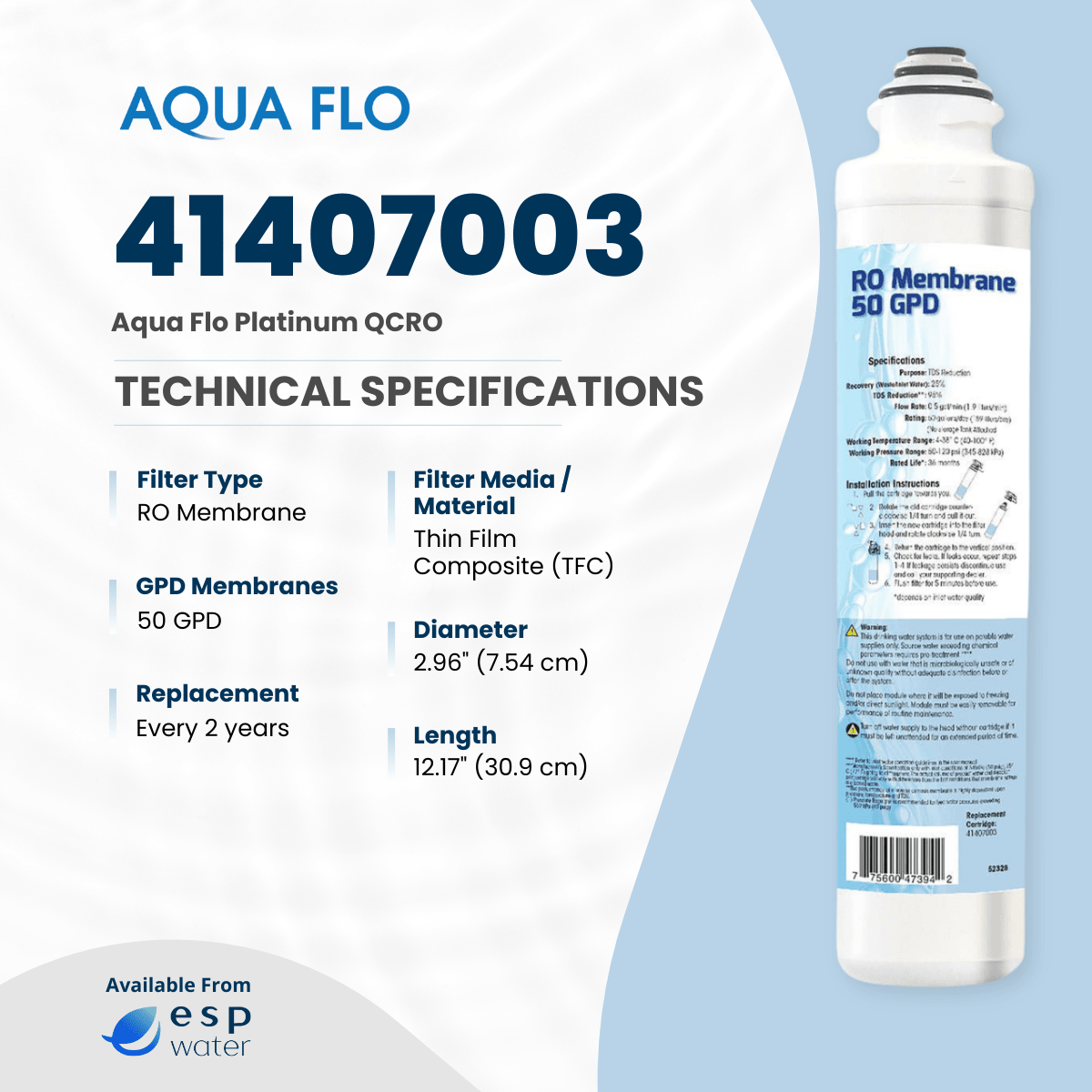 Aqua Flo 41407003 RO Membrane 50 GPD Quick Change 41407003 - ESP Water