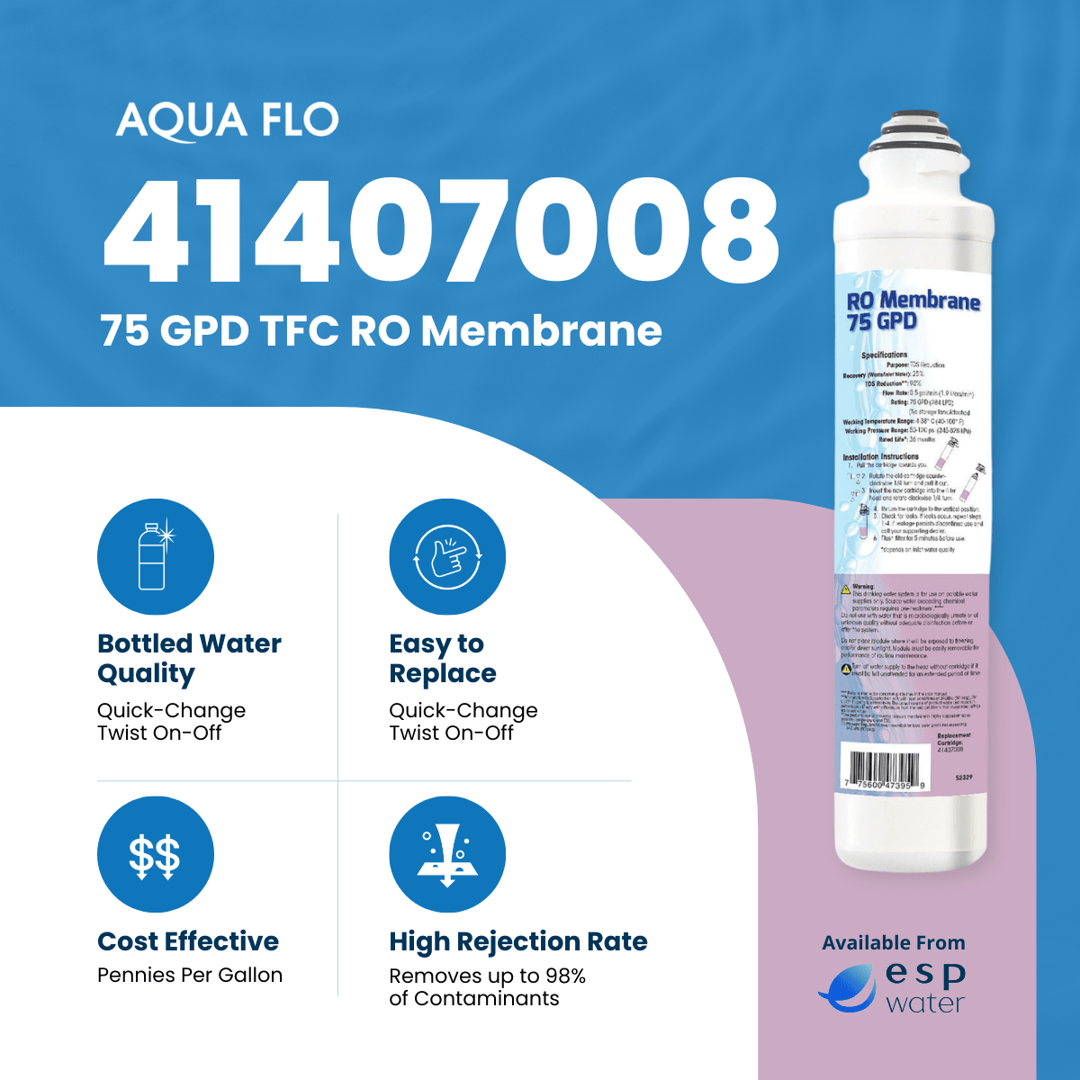 Aqua Flo 41407008 RO Membrane 75 GPD Quick Change 41407008 - ESP Water
