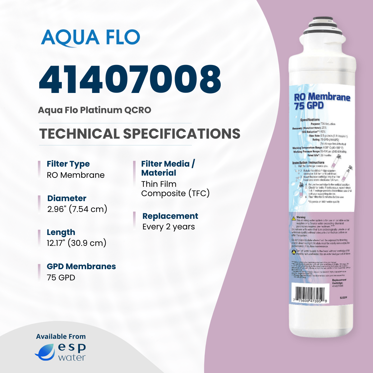 Aqua Flo 41407008 RO Membrane 75 GPD Quick Change 41407008 - ESP Water