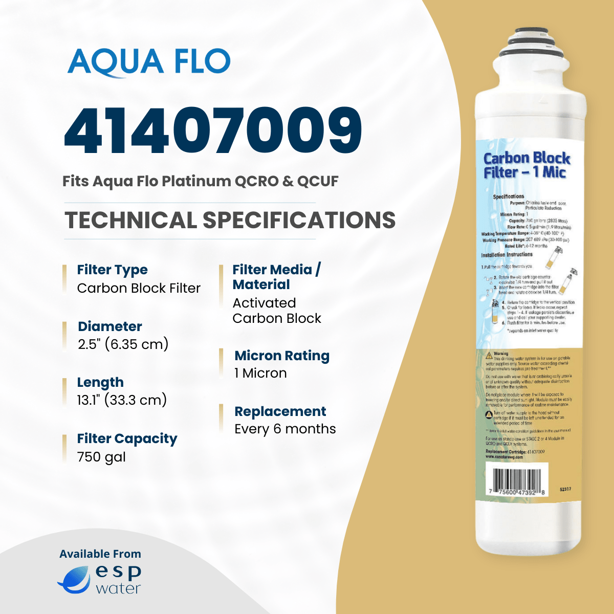 Aqua Flo 41407009 1-Micron Carbon Block Quick Change Filter – ESP