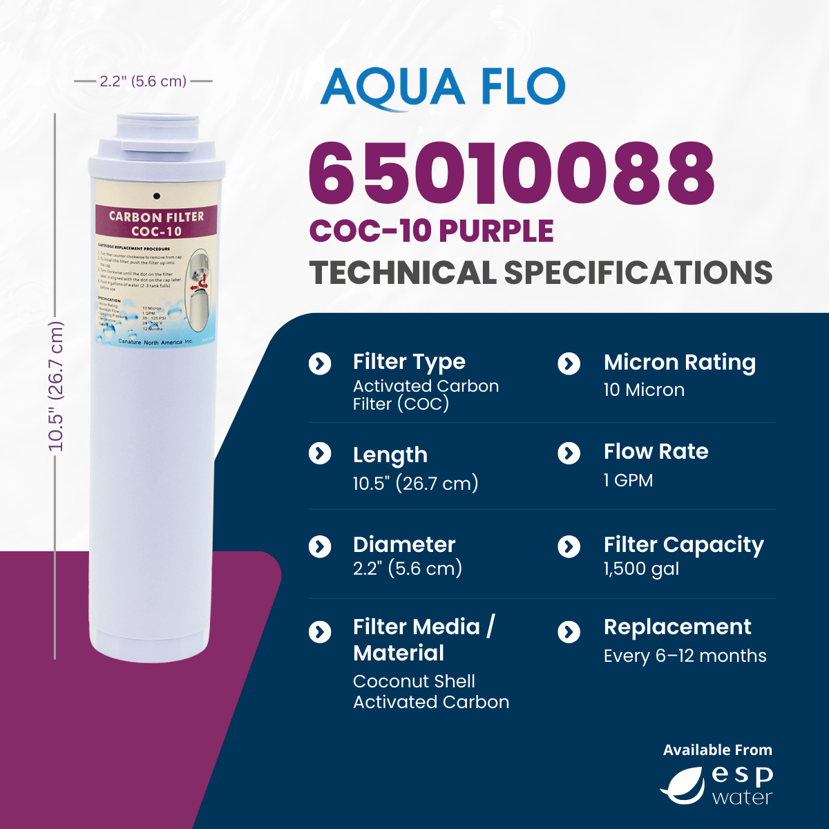 Aqua Flo 65010088 COC - 10 Purple Activated Carbon Filter 10 Micron 65010088 - ESP Water