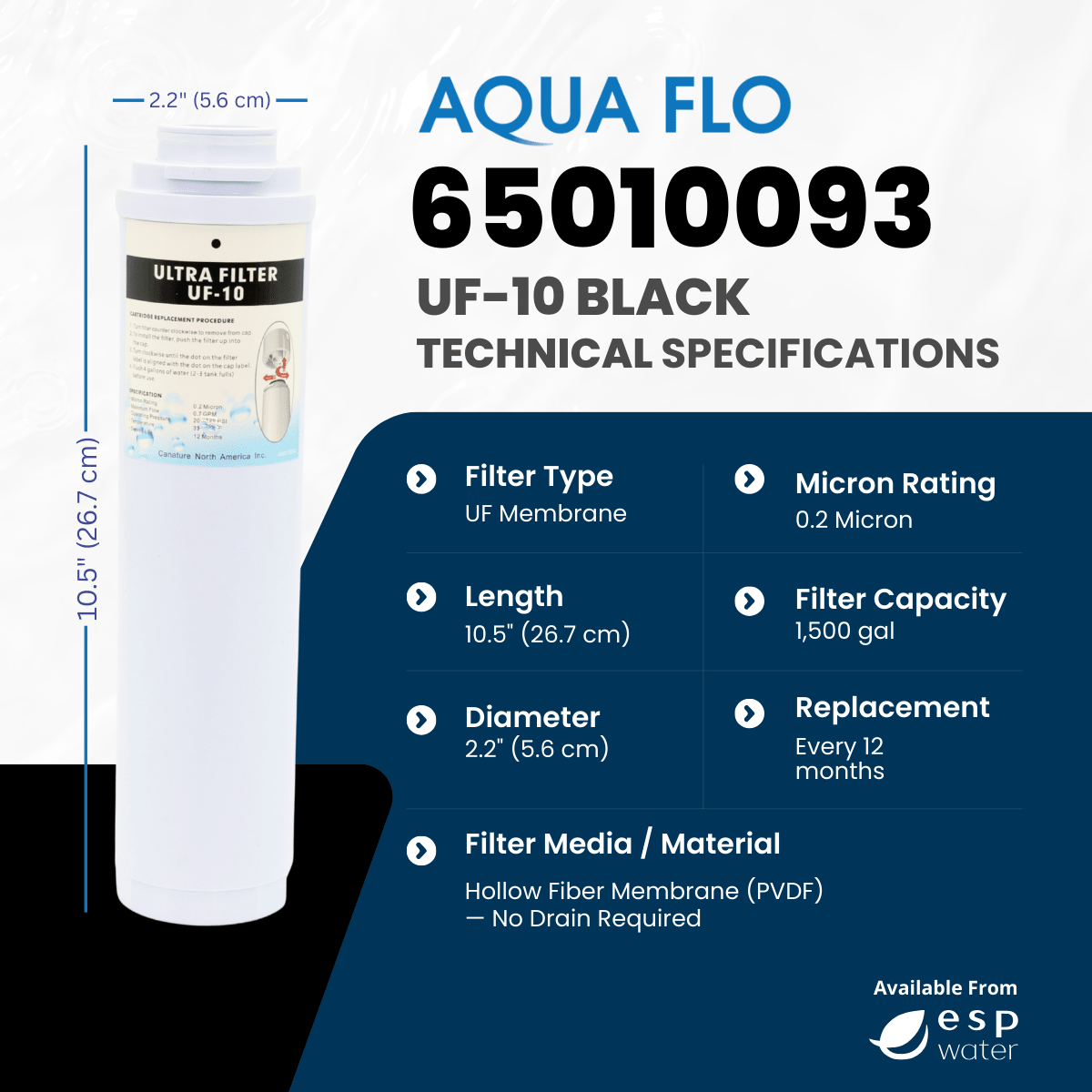 Aqua Flo 65010093 UF - 10 Black Ultrafiltration Membrane for 475QC Systems 65010093 - ESP Water