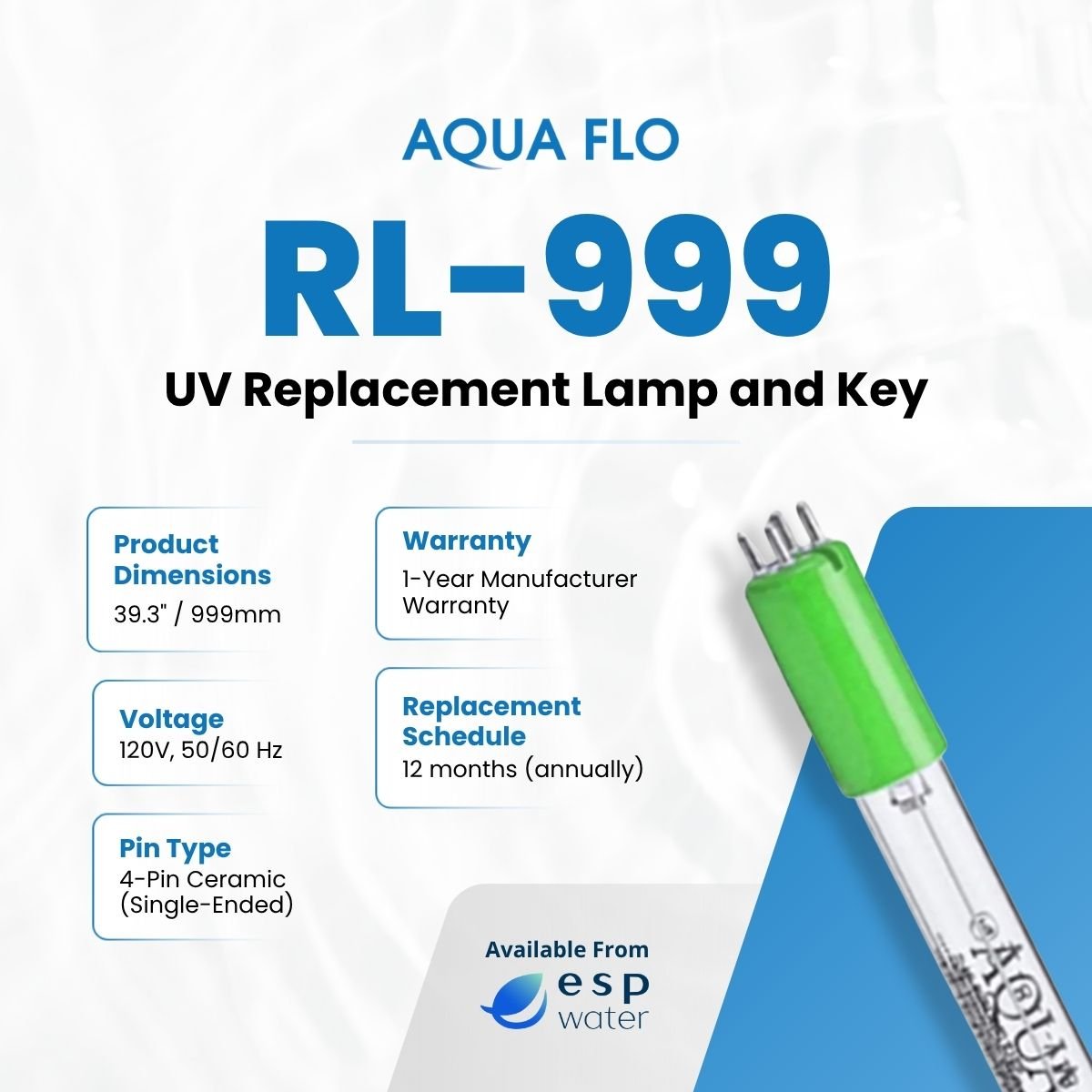 Aqua Flo RL - 999 UV Lamp 40040017 with Key, Fits Genesis GEN 4 - 15, 5 - 15, 6 - 15 40040017 - ESP Water