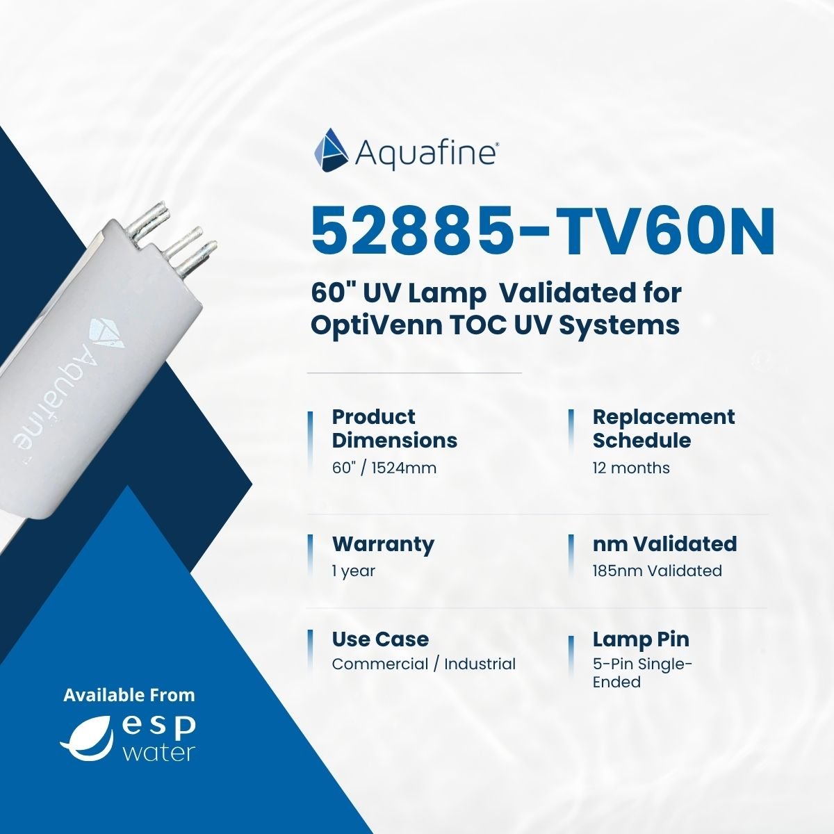 Aquafine 52885 - TV60N UV Lamp 60 - Inch 185nm Validated for OptiVenn TOC UV System 52885-TV60N - ESP Water