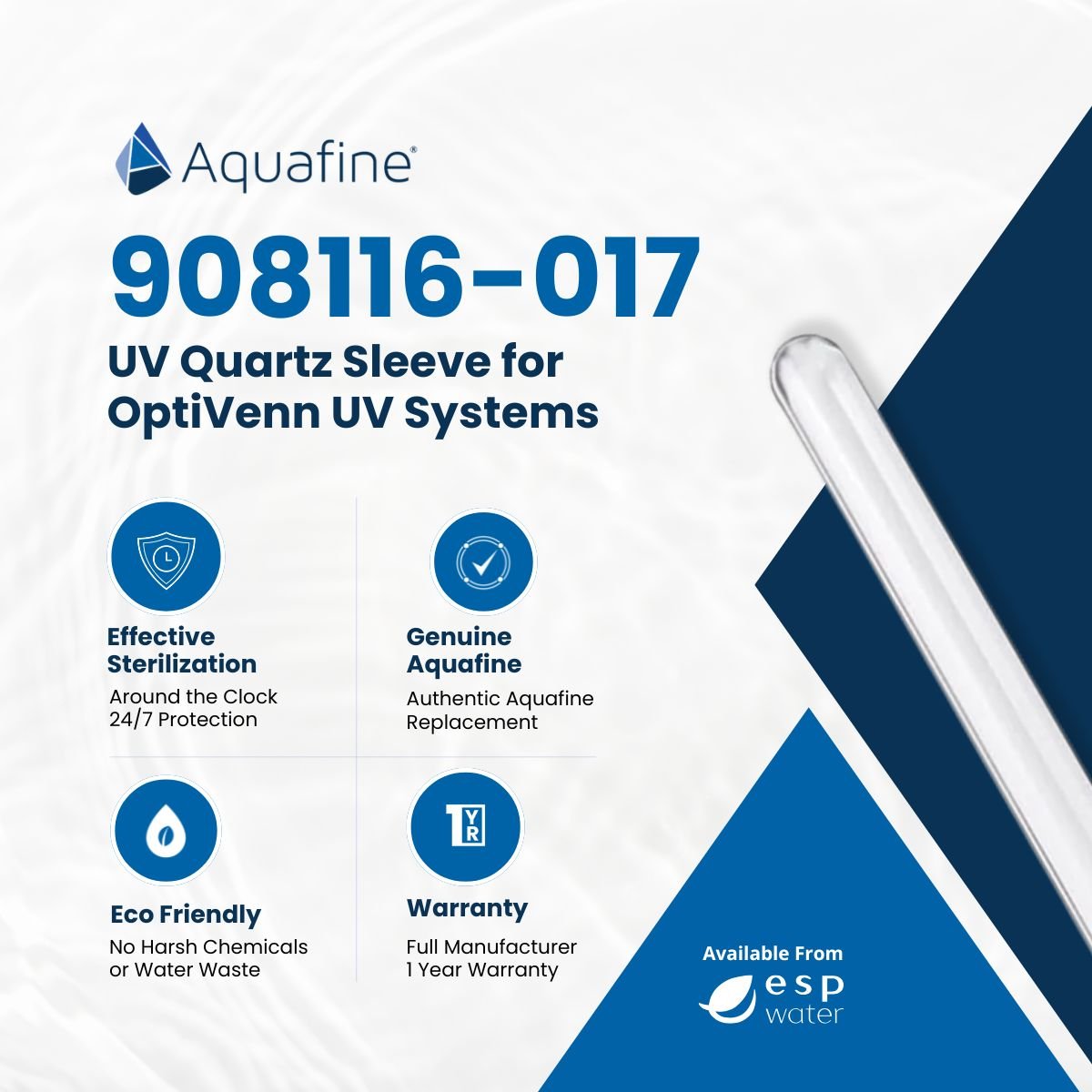 Aquafine 908116 - 017 UV 17 - Inch Quartz Sleeve for OptiVenn UV System 908116-017 - ESP Water