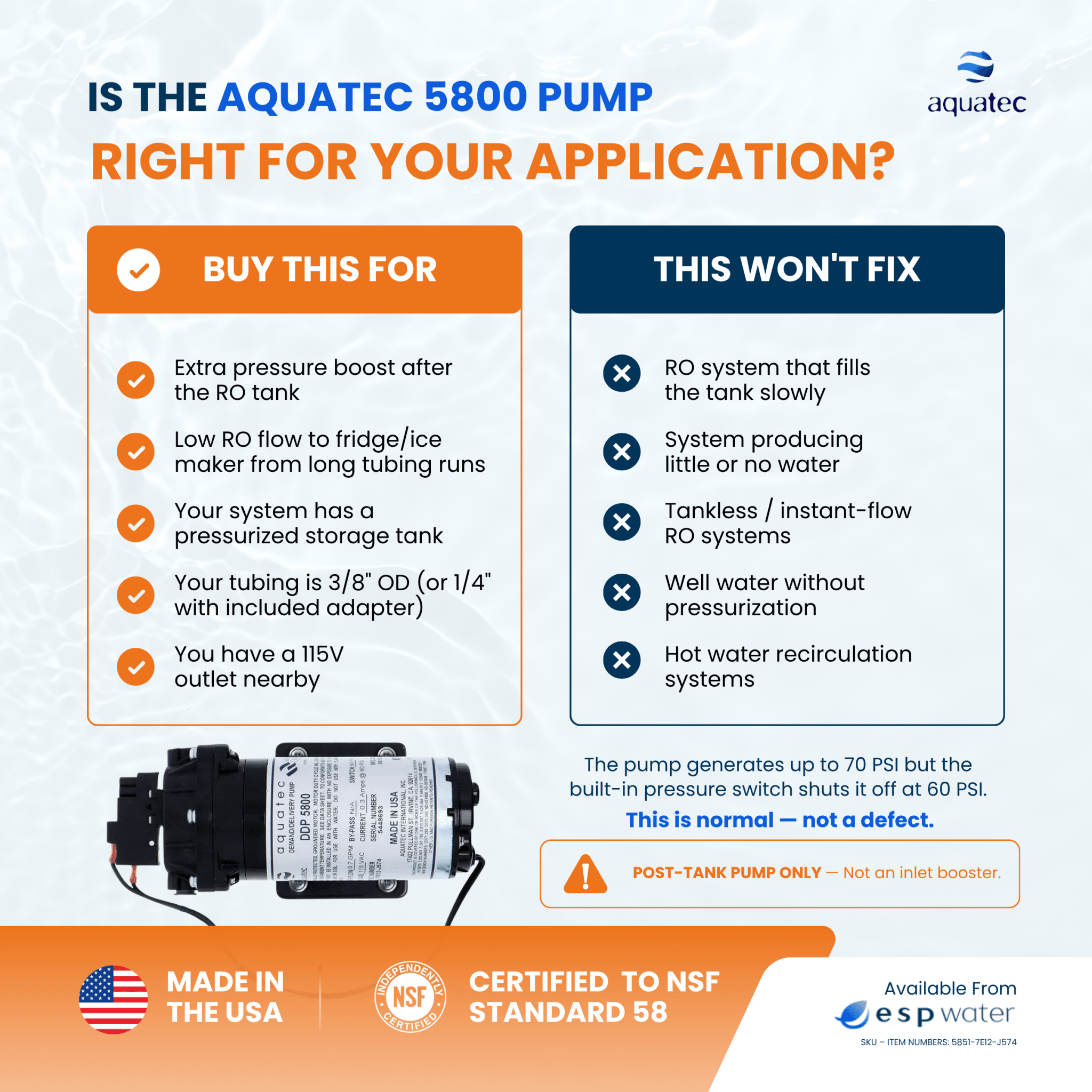 Aquatec 5800 Demand Pump, 0.7 GPM, 3/8 - Inch QC, 120V 5851 - 7E12 - J574 5851-7E12-J574 - ESP Water