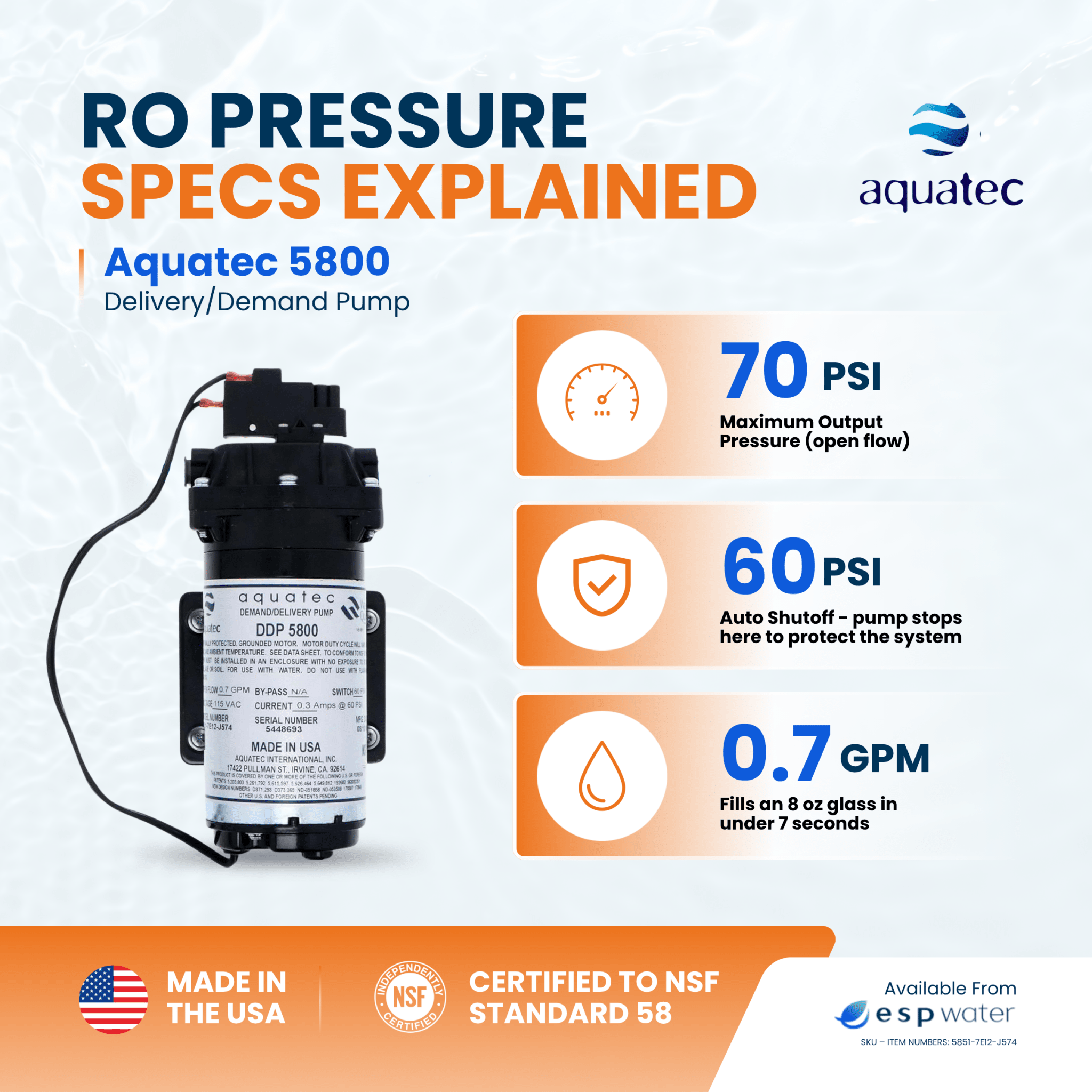 Aquatec 5800 Demand Pump, 0.7 GPM, 3/8 - Inch QC, 120V 5851 - 7E12 - J574 5851-7E12-J574 - ESP Water