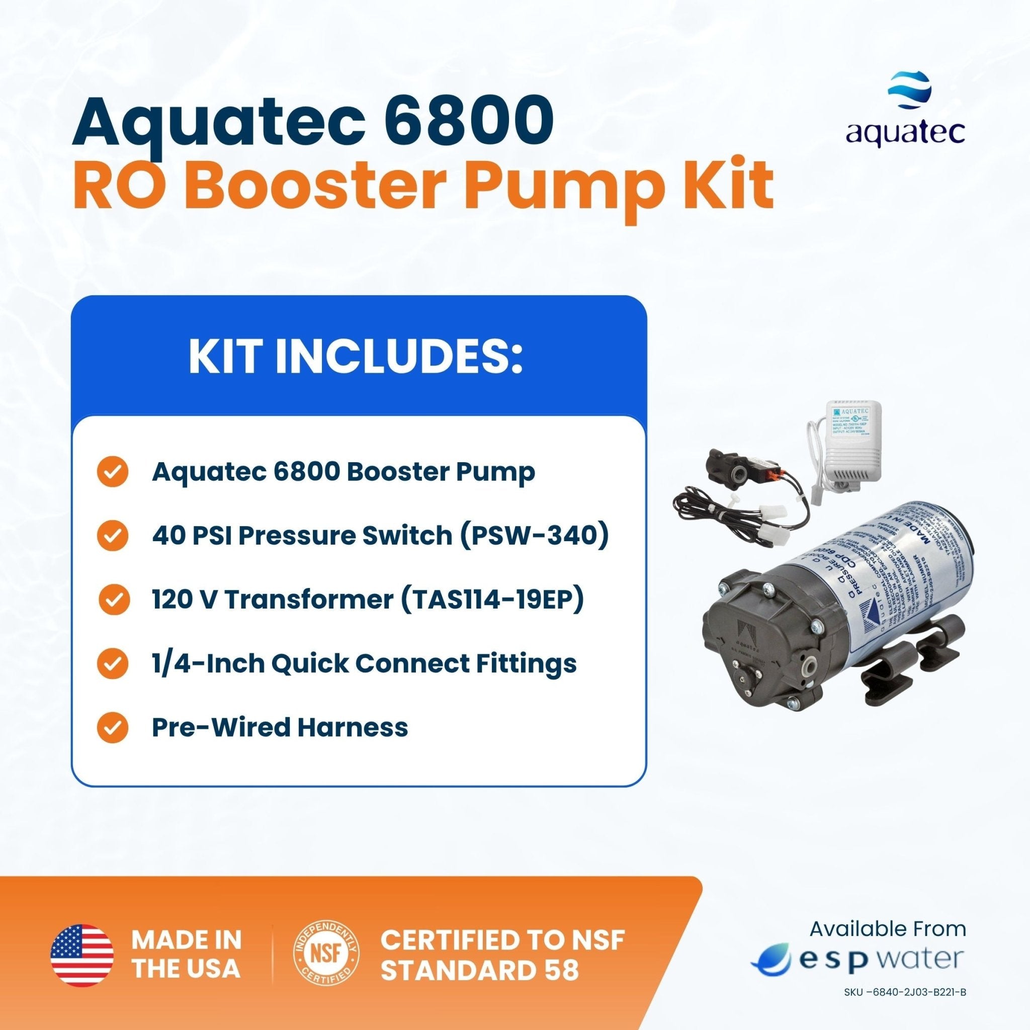 Aquatec 6800 RO Booster Pump Kit with Pressure Switch and Transformer 1/4 Inch Fittings 50 GPD 6840-2J03-B221-B - ESP Water