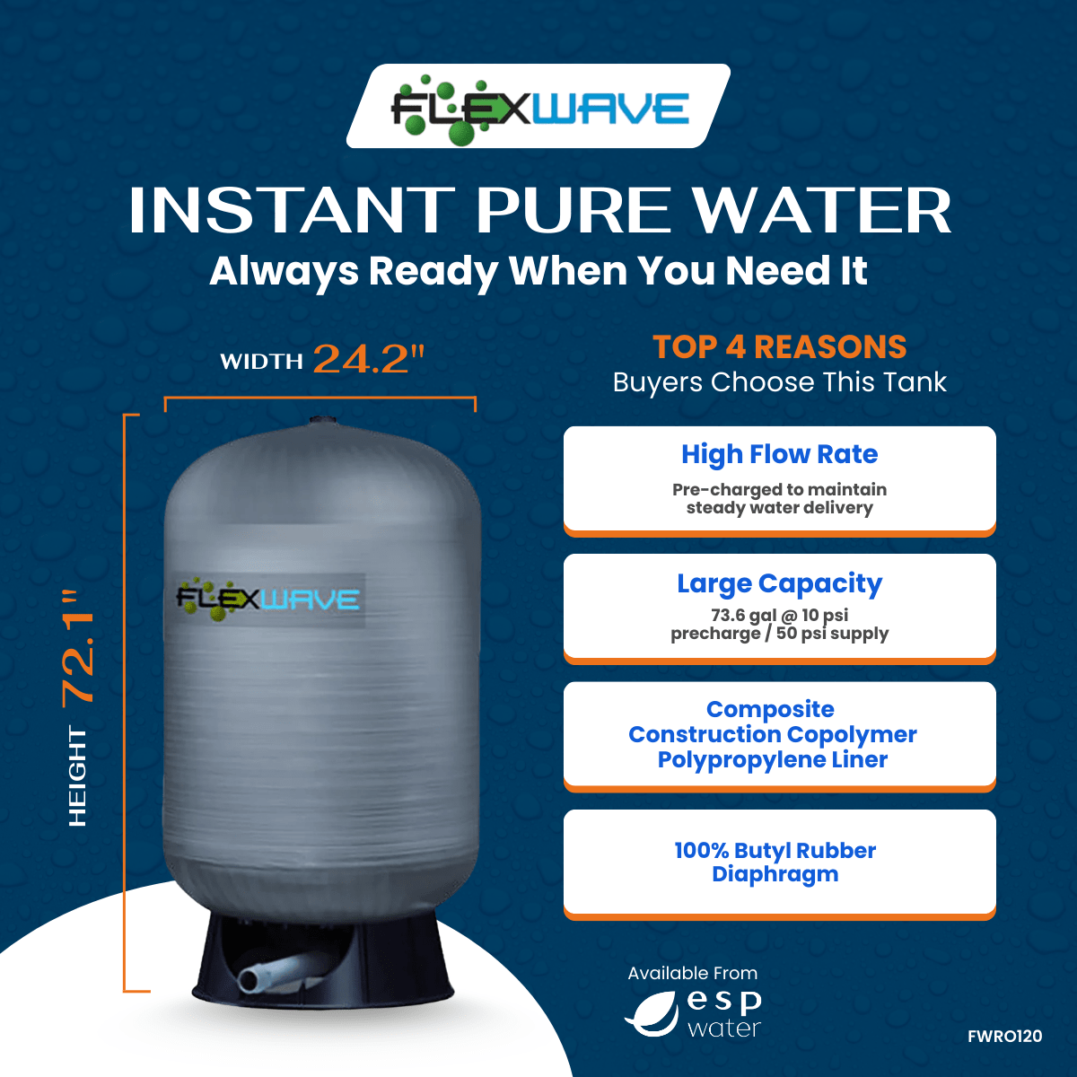 Flexwave Composite FWRO120 RO Pressure Tank 120 Gal 1 - 1/4" NPT FWRO120 - ESP Water