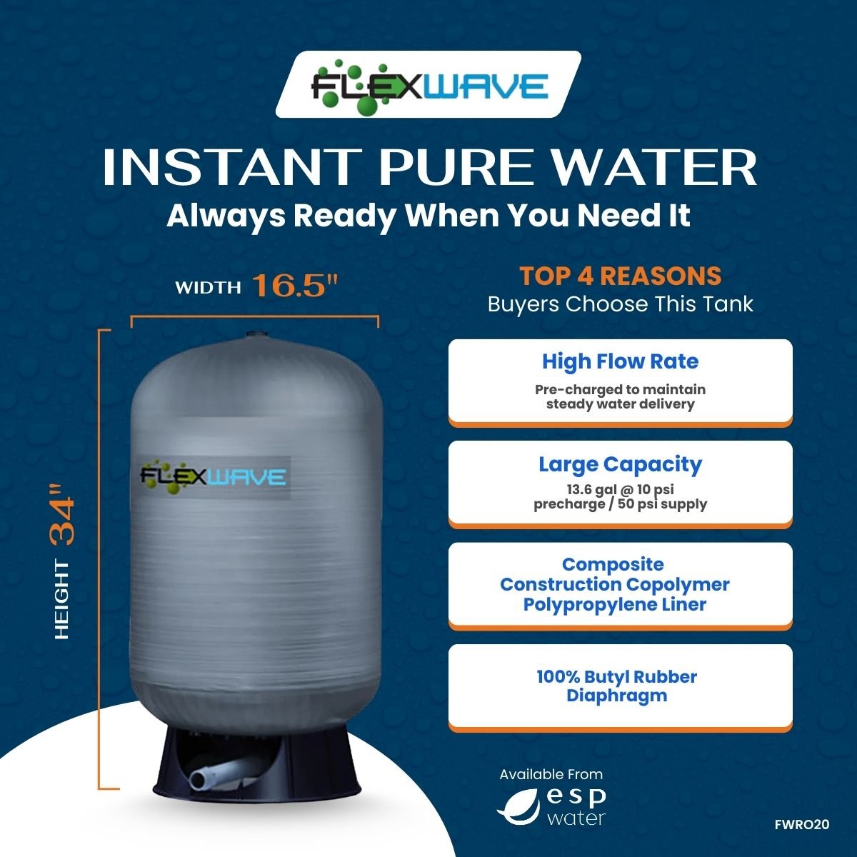 Flexwave Composite FWRO20 RO Pressure Tank 22 Gal 1" NPT FWRO20 - ESP Water