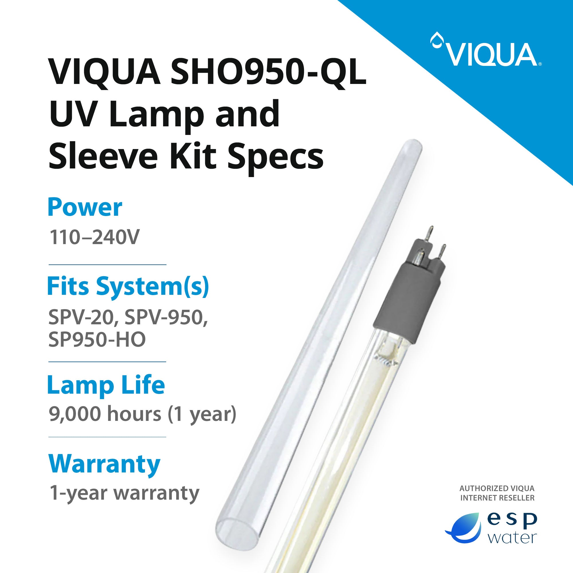 VIQUA SHO950 - QL UV Lamp and Sleeve Kit for SPV - 20, SPV - 950, SP950 - HO SHO950-QL - ESP Water