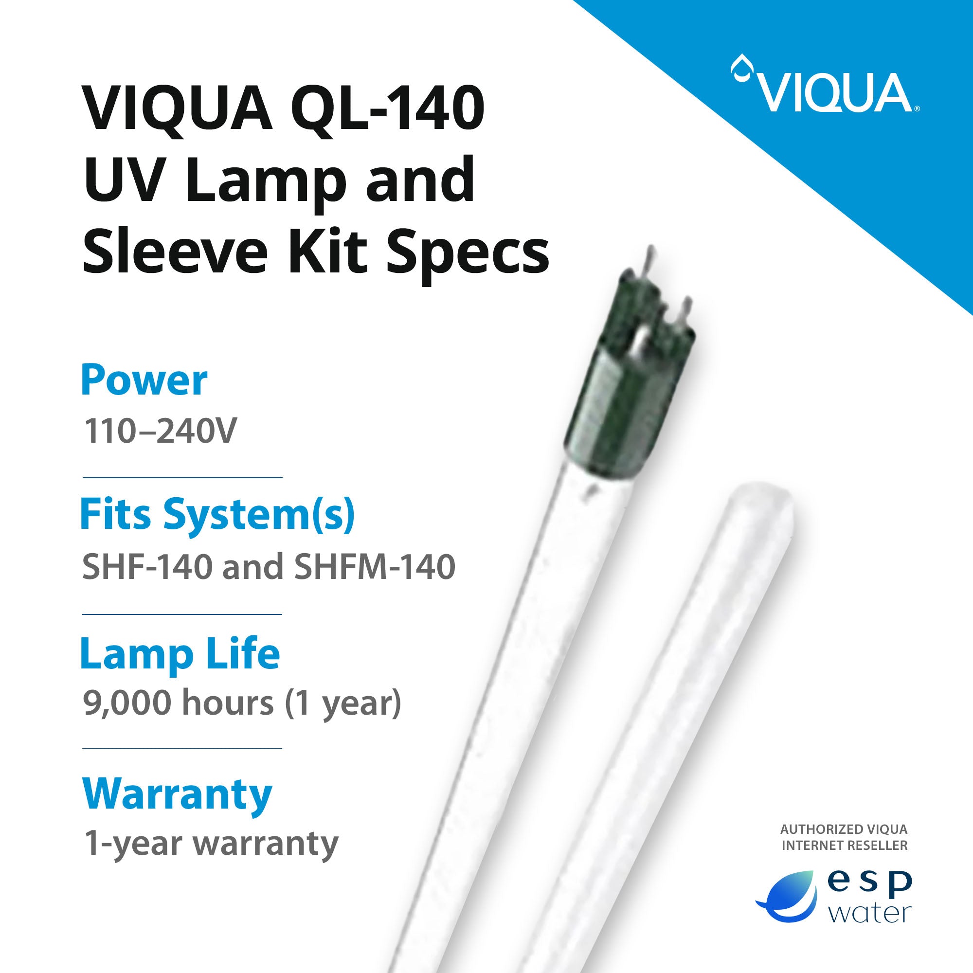 VIQUA QL-140 UV Lamp and Sleeve Kit for SHF-140 and SHFM-140 - ESP Water 
