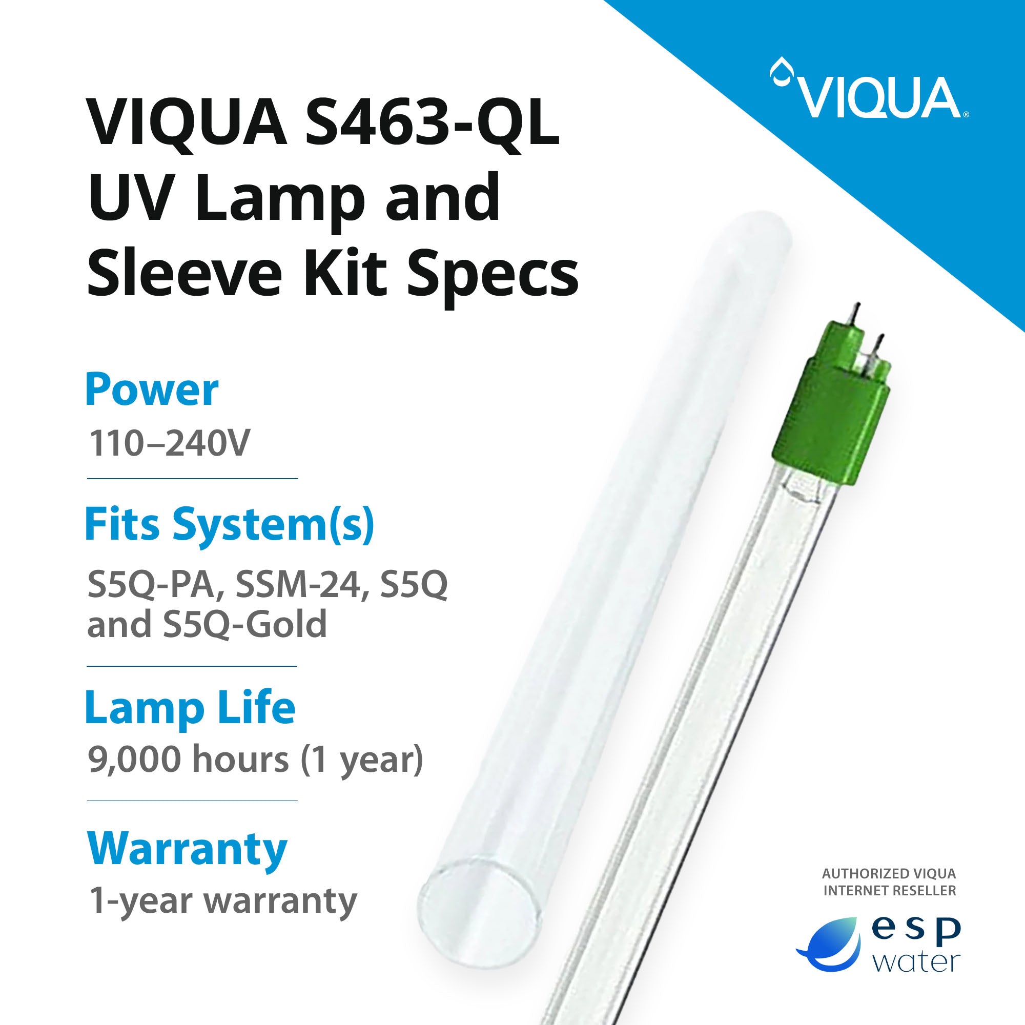 VIQUA S463-QL UV Lamp and Sleeve Kit for S5Q-PA and SSM-24 - ESP Water 