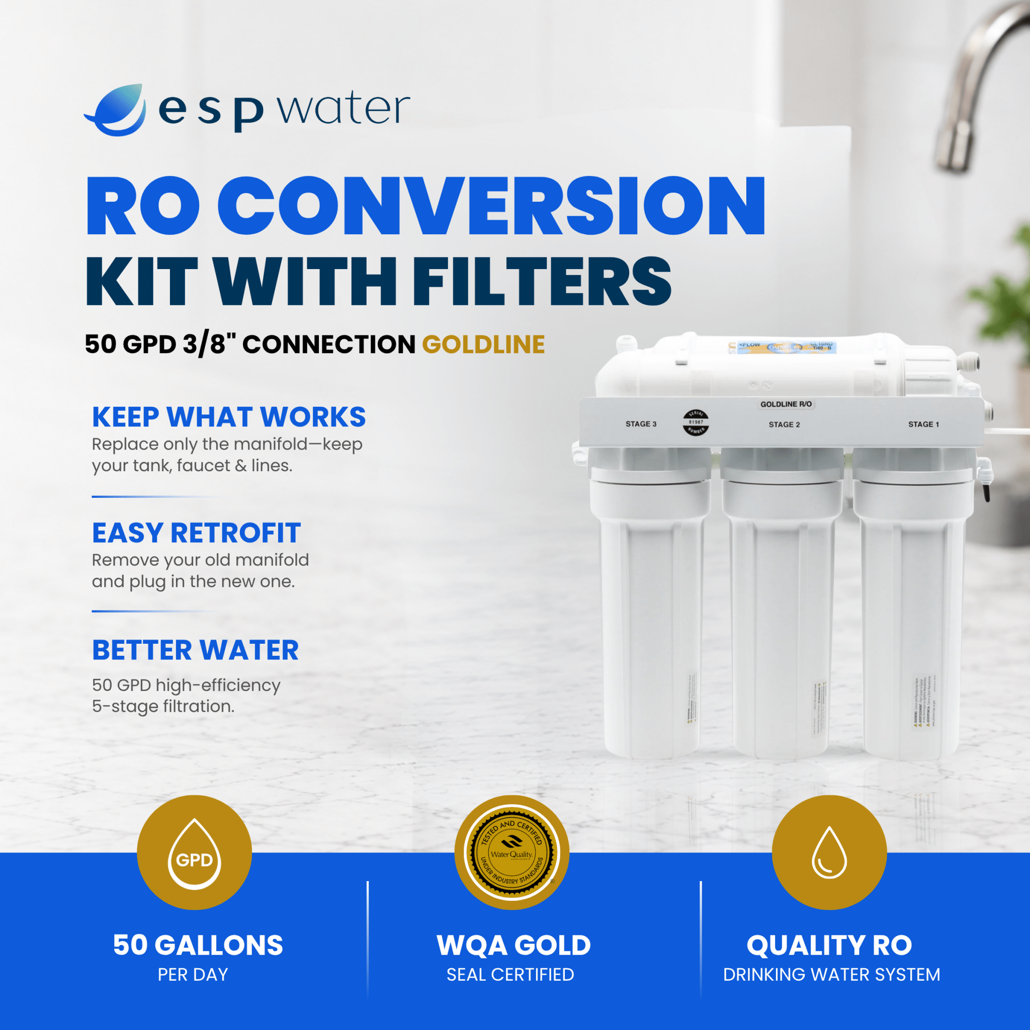 RO Conversion Kit with Filters 50 GPD 3/8" Connection Goldline GOLDLINE-50-RK - ESP Water