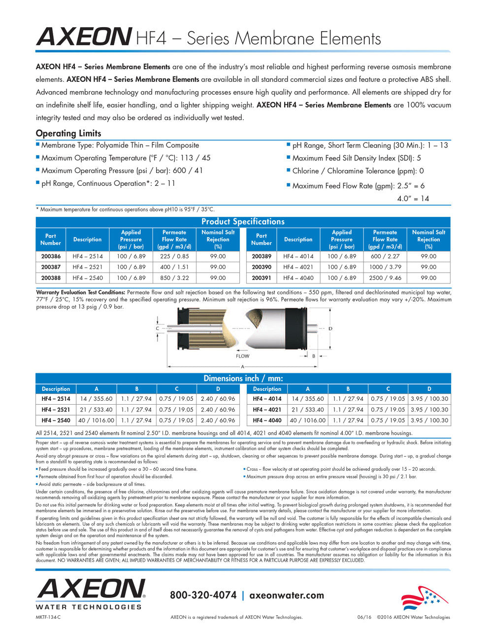 Axeon HF1 RO Membrane spec sheet