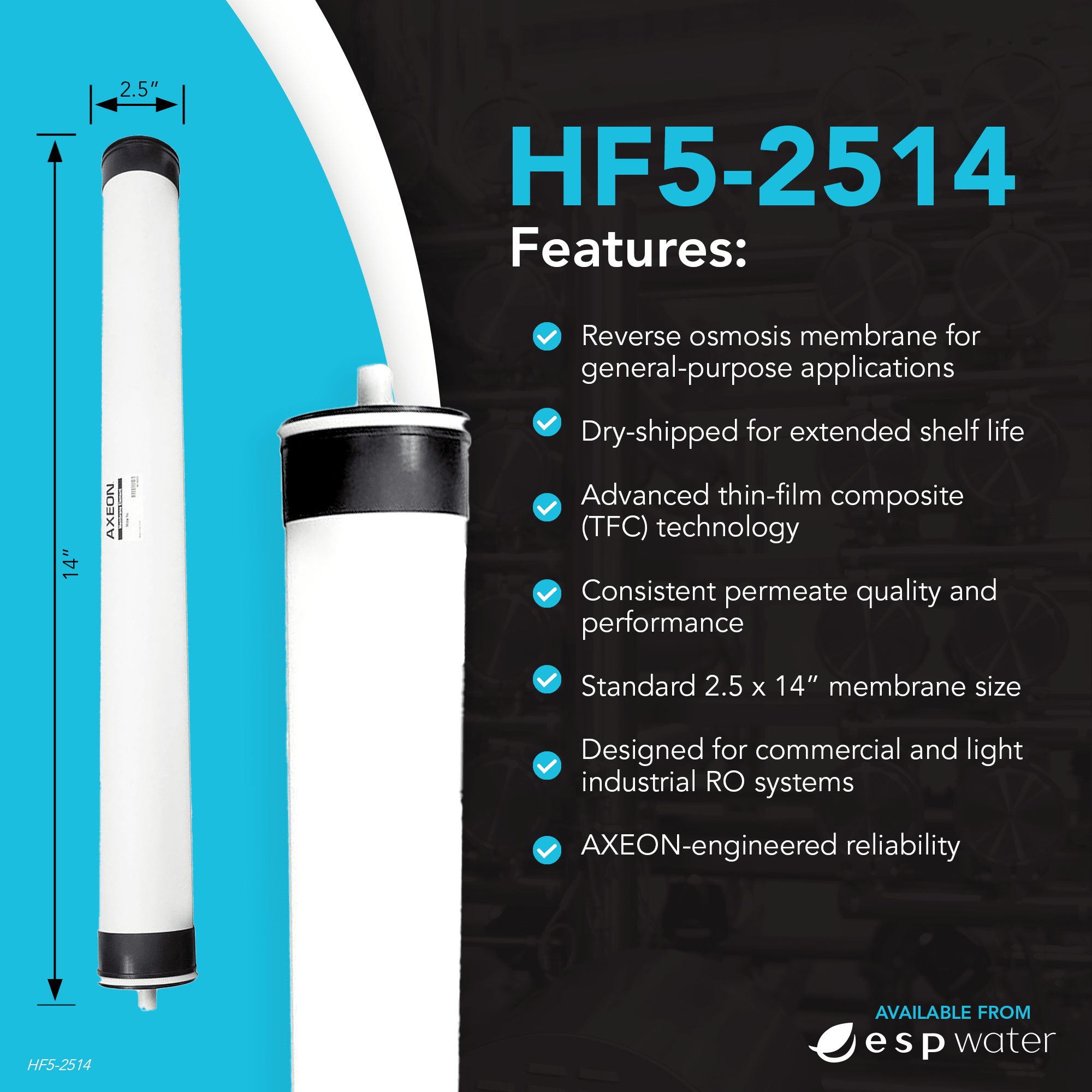 AXEON HF5 - 2514 RO Membrane 80 PSI 225 GPD 2.5" x 14" 208125 208125 - ESP Water